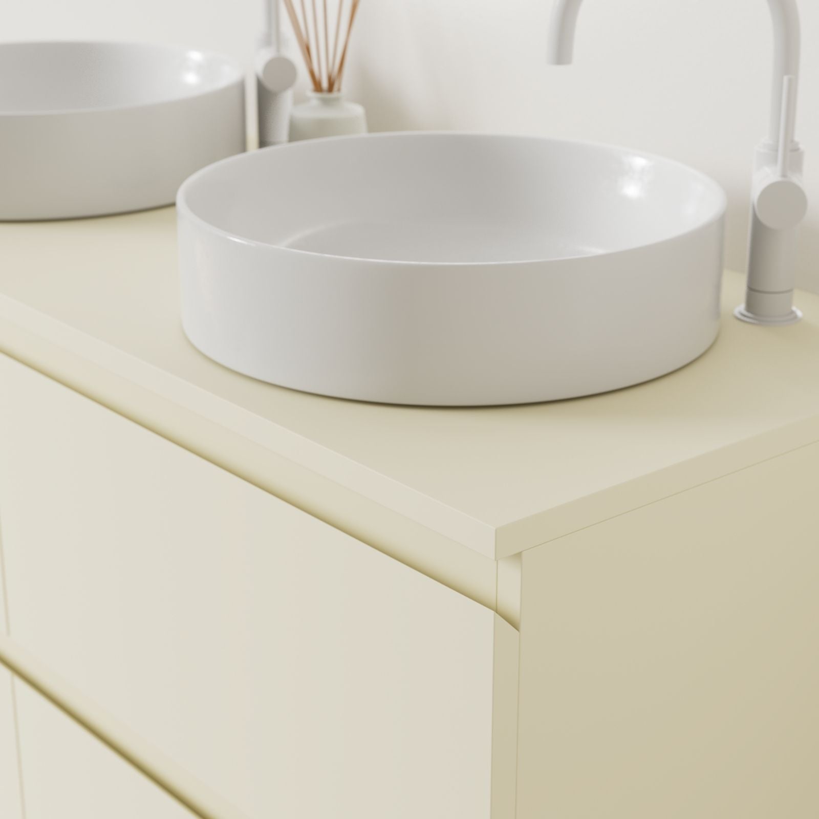 meuble salle de bain marco coquille 120 cm poignées intégrées avec double vasque à poser vue angle