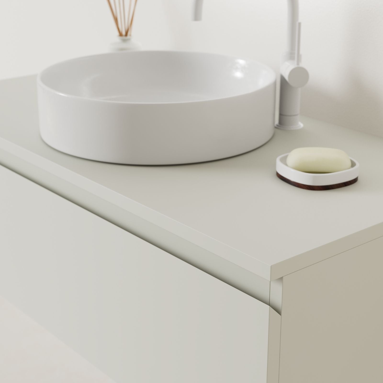 meuble salle de bain mino 100 cm craie poignées intégrées avec vasque posé vue angle