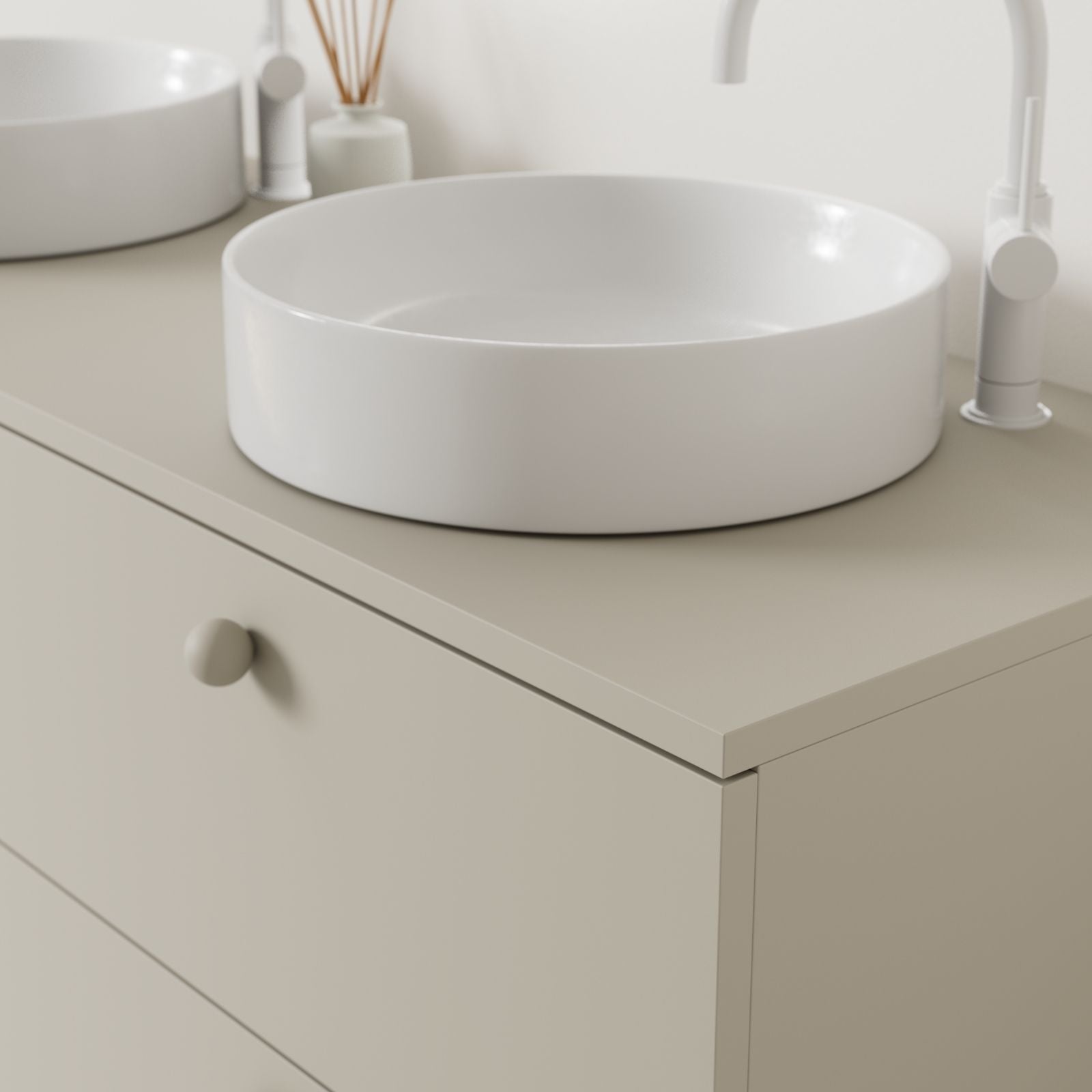 meuble salle de bain marco 140 cm greige double vasque à poser vue angle