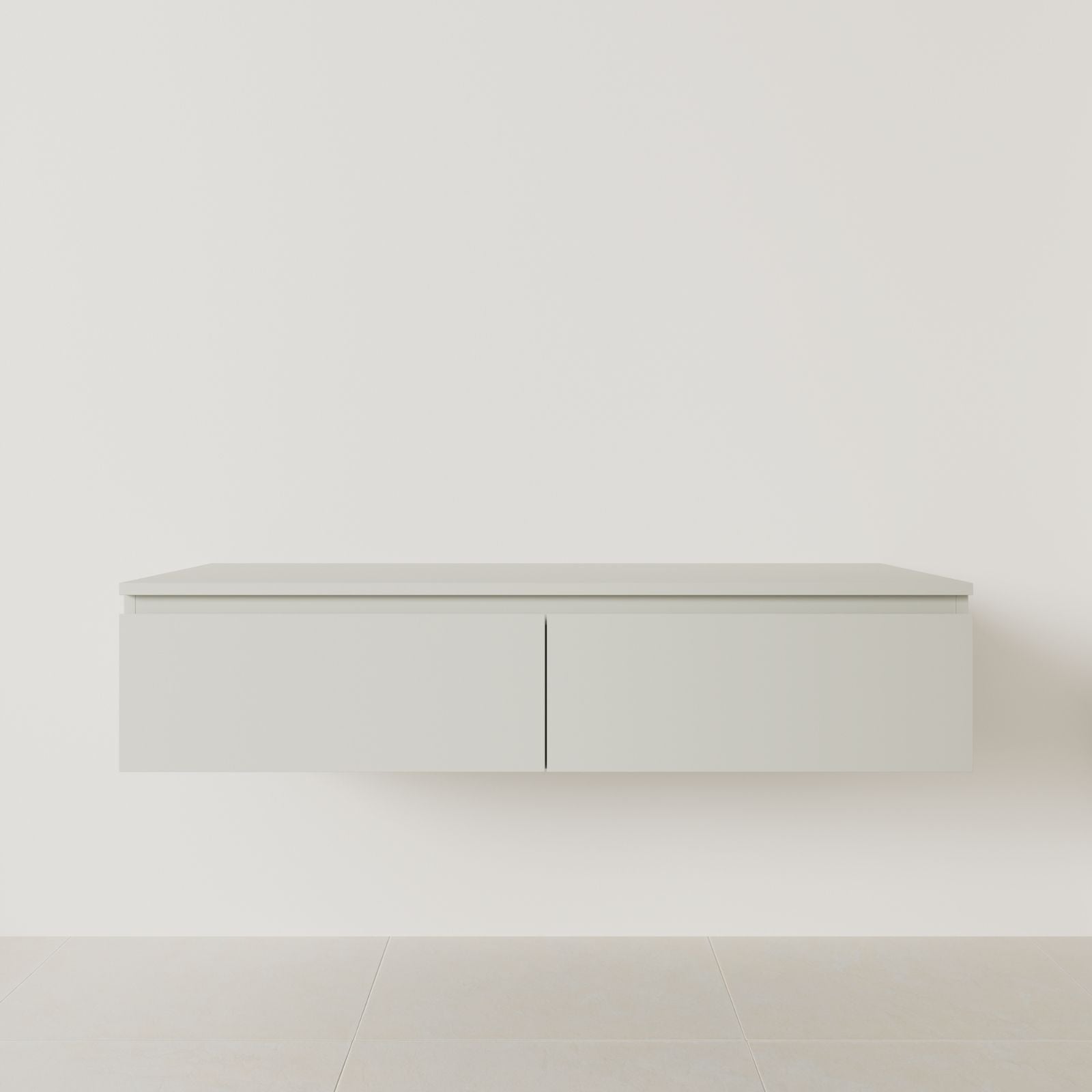 meuble salle de bain mino 140 cm double vasque suspendu craie poignées intégrées vue face.