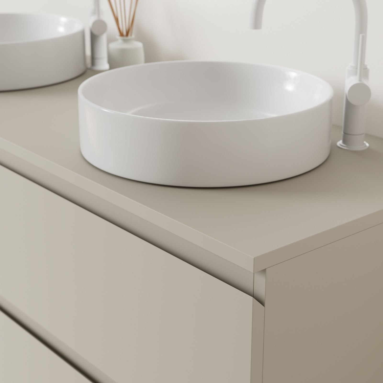 meuble salle de bain marco greige 140 cm poignées intégrées avec double vasque à poser vue angle