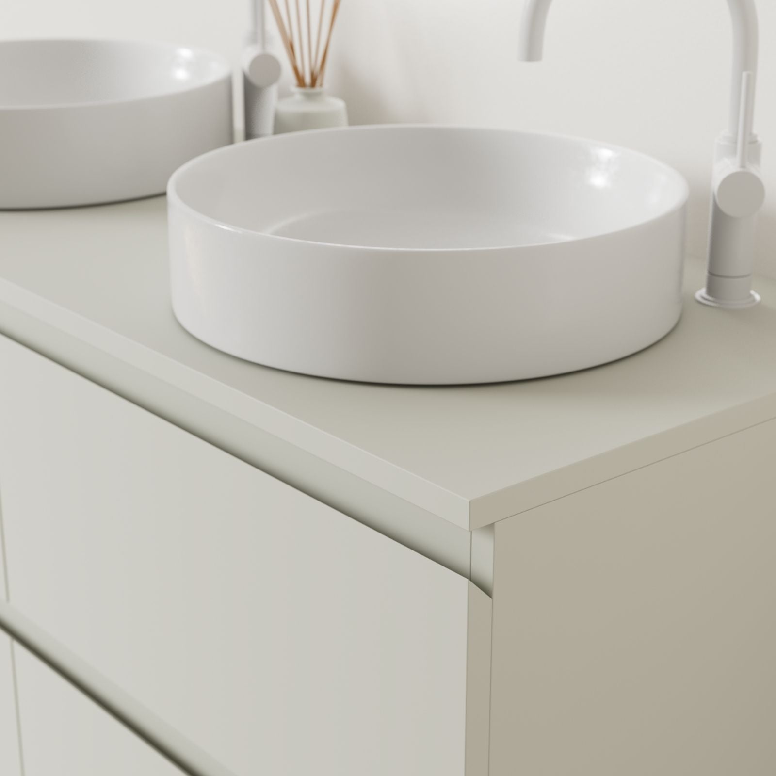 meuble salle de bain marco craie 120 cm poignées intégrées avec double vasque à poser vue angle