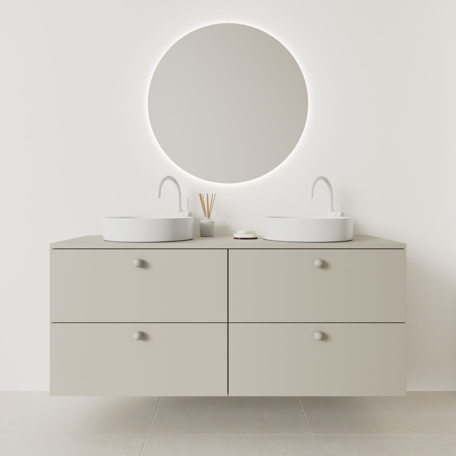 meuble salle de bain marco 140 cm double vasque suspendu greige façade lisse vue face