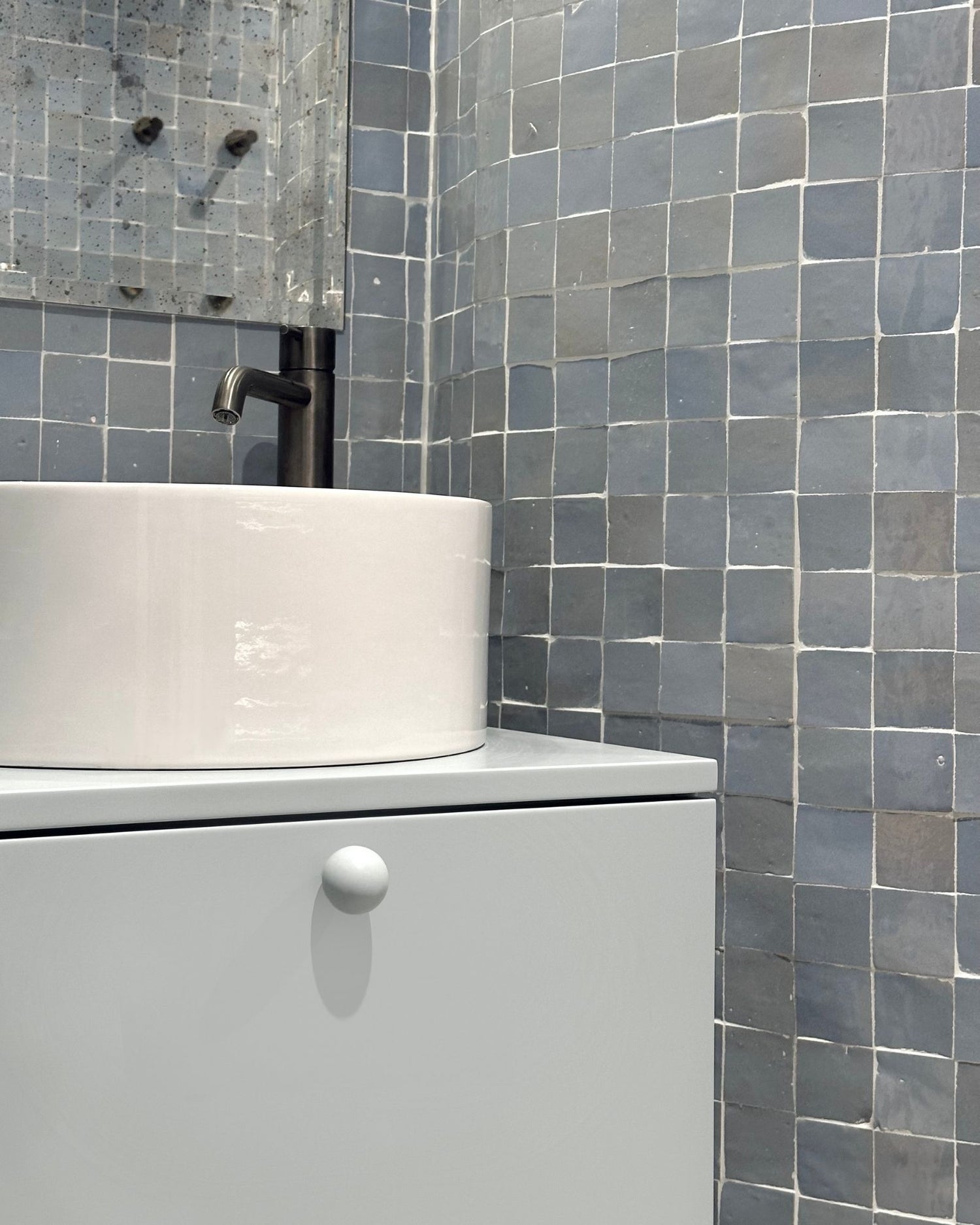 meuble de salle de bain bleu détail poignées