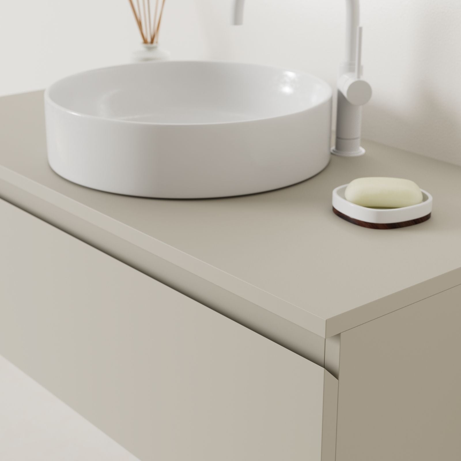 meuble salle de bain mino 100 cm greige poignées intégrées avec vasque posé vue angle