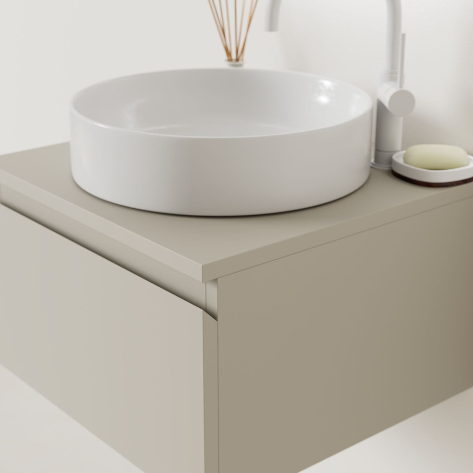 meuble salle de bain mino 50 cm greige poignées intégrées avec vasque posé vue angle