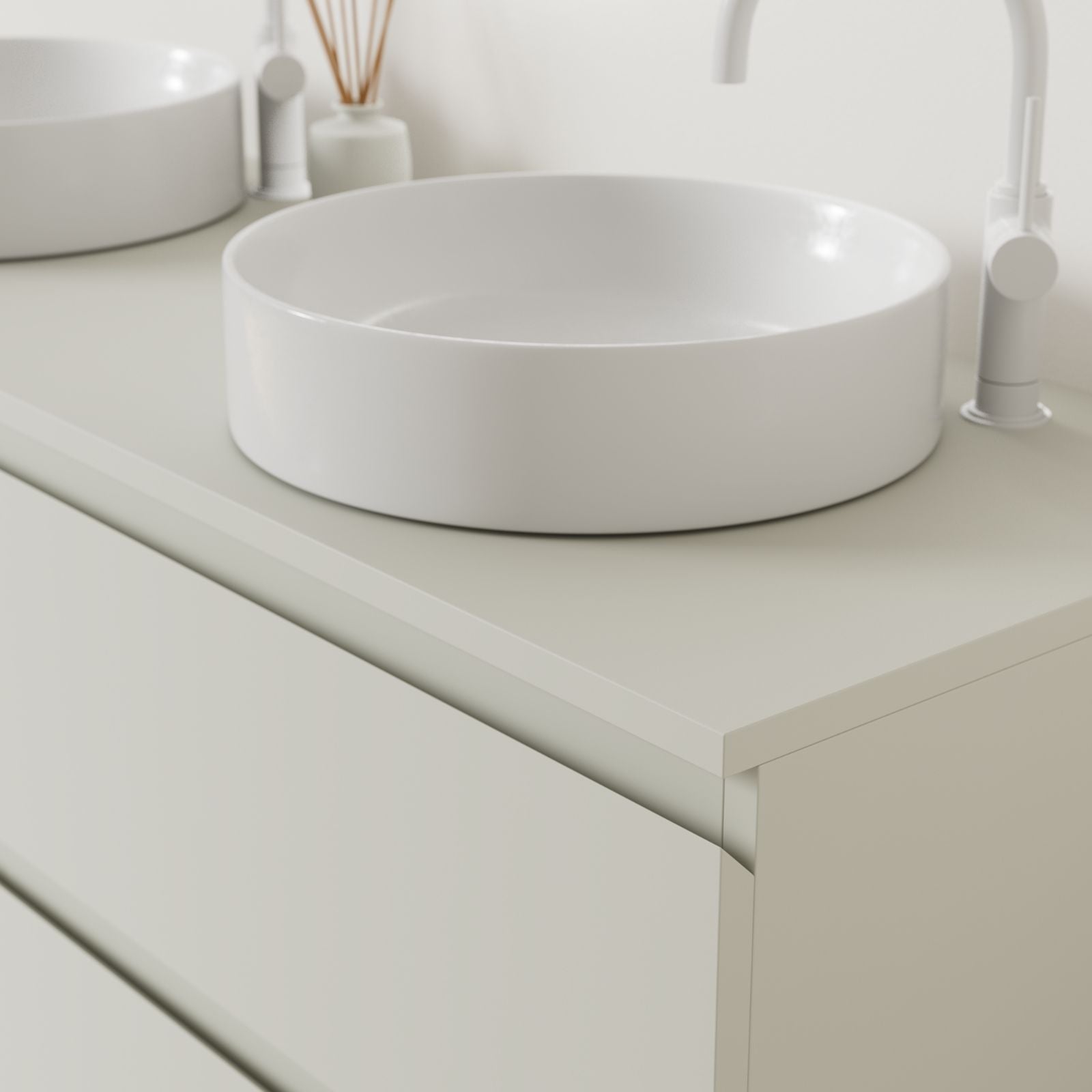 meuble salle de bain marco craie 140 cm poignées intégrées avec double vasque à poser vue angle