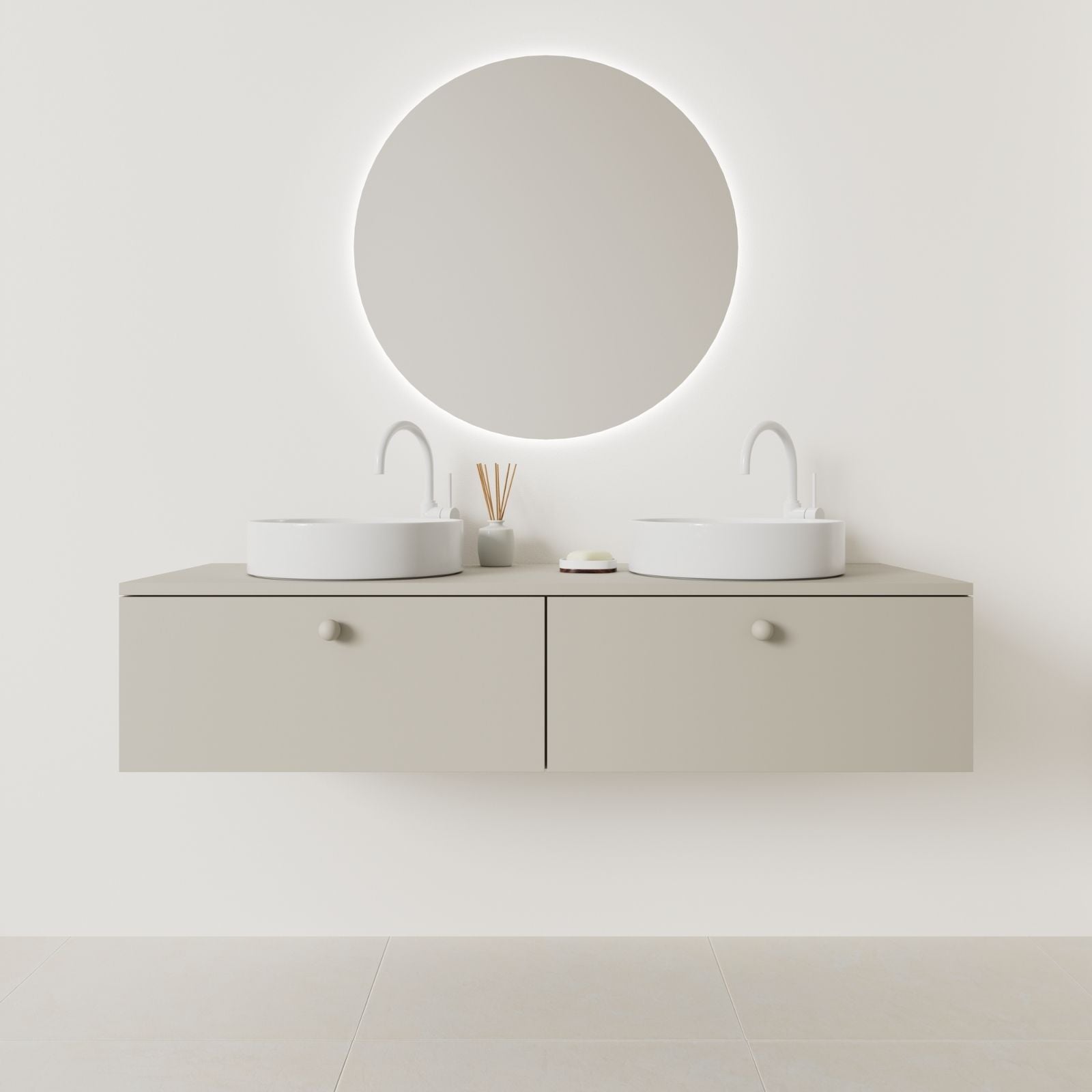 meuble salle de bain mino 140 cm double vasque suspendu greige façade lisse vue face