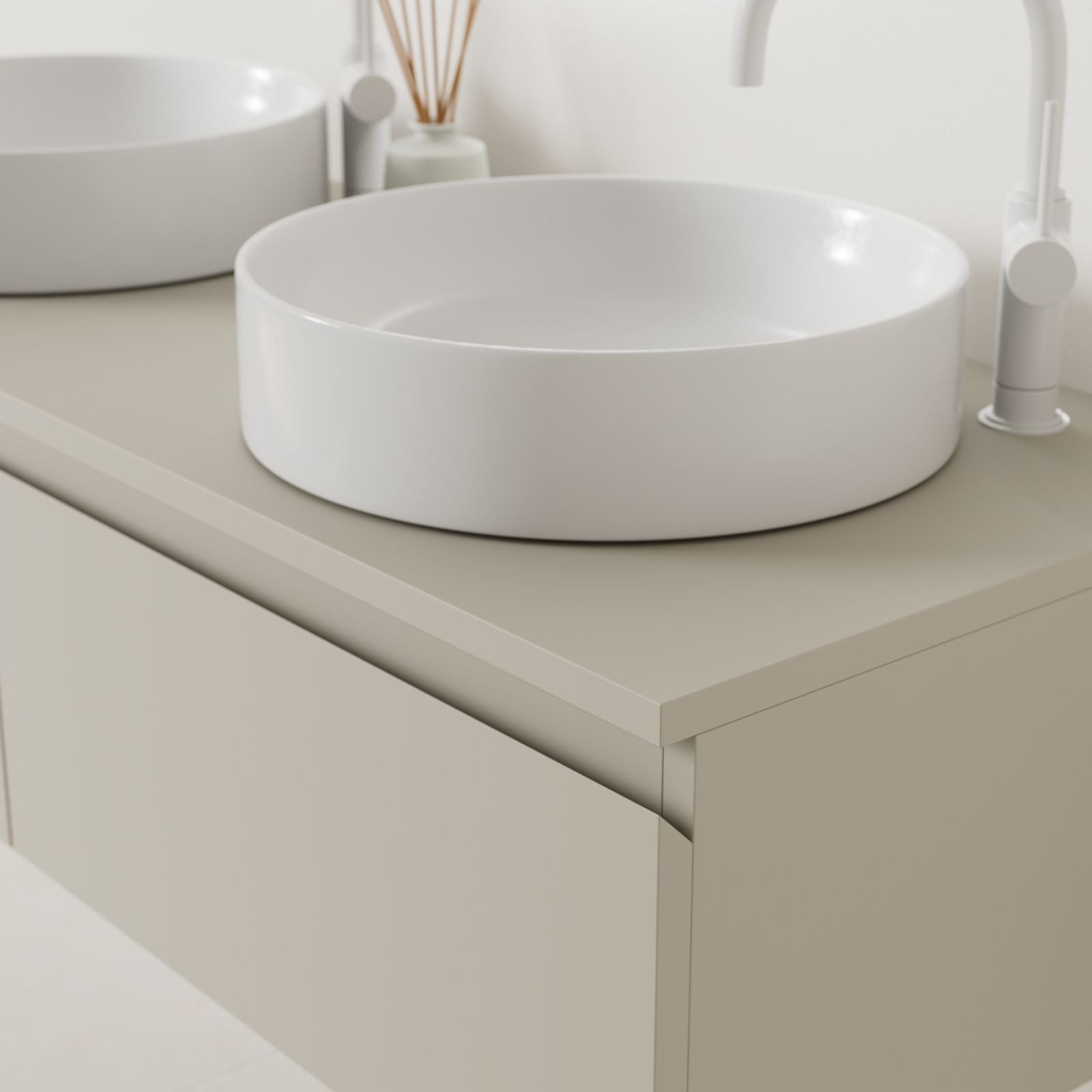 meuble salle de bain mino 120 cm greige poignées intégrées avec double vasque à poser vue angle