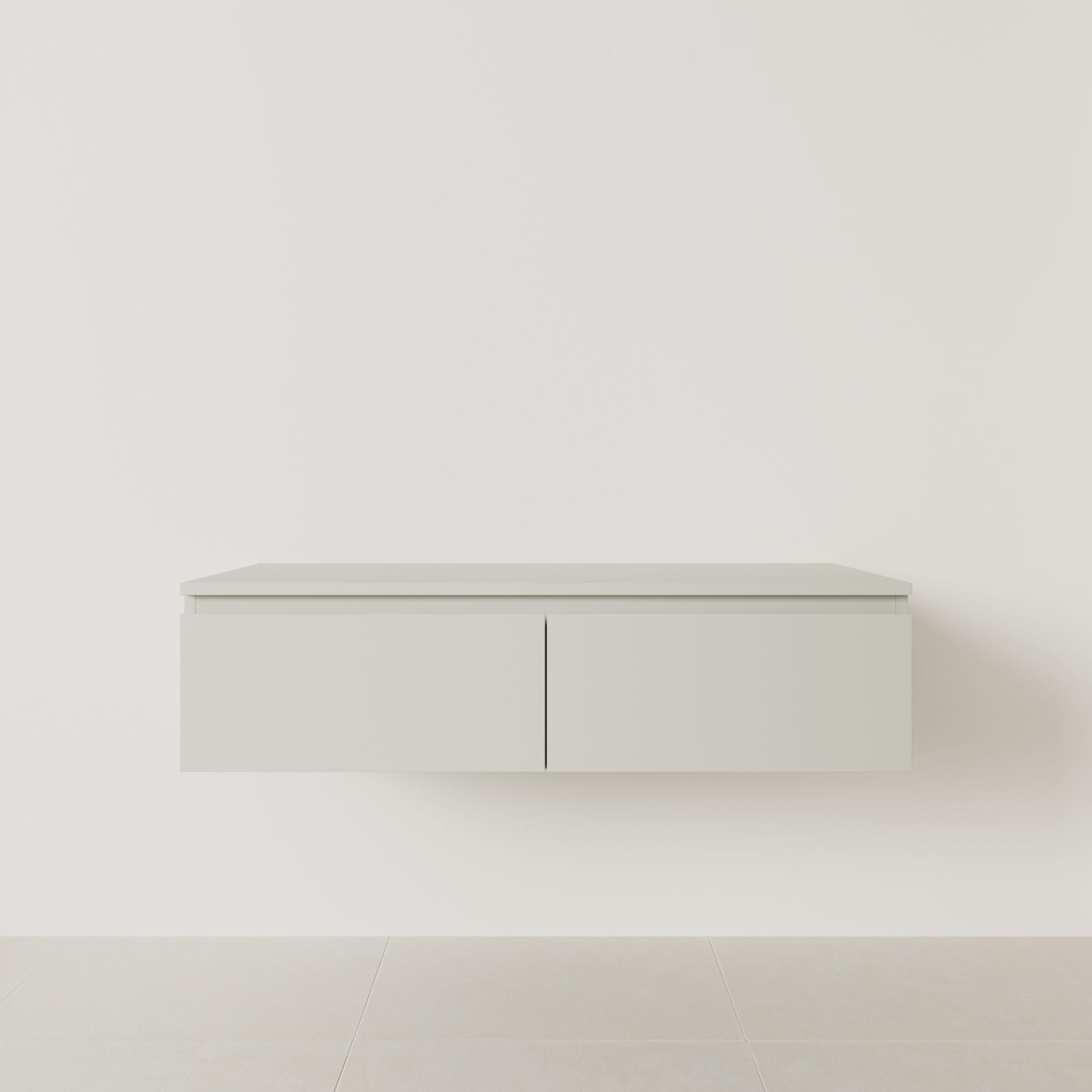meuble salle de bain mino 120 cm double vasque suspendu craie poignées intégrées vue face.