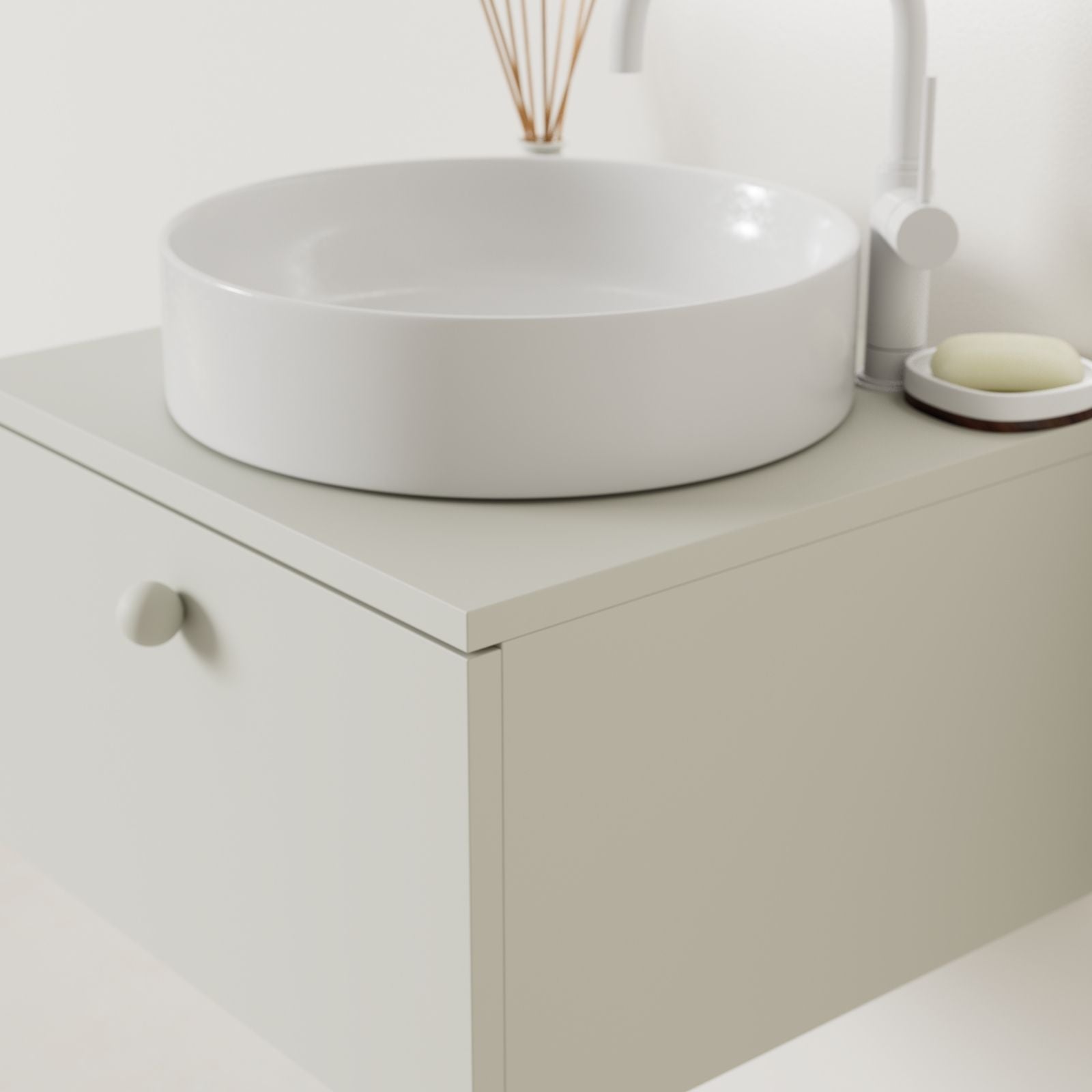 meuble salle de bain mino 50 cm craie avec vasque posé vue angle