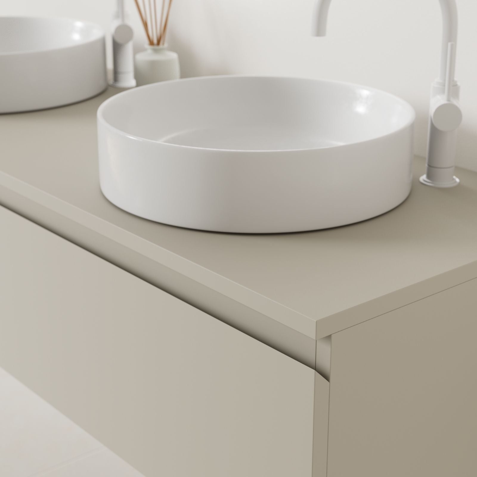 meuble salle de bain mino 140 cm greige poignées intégrées avec double vasque à poser vue angle