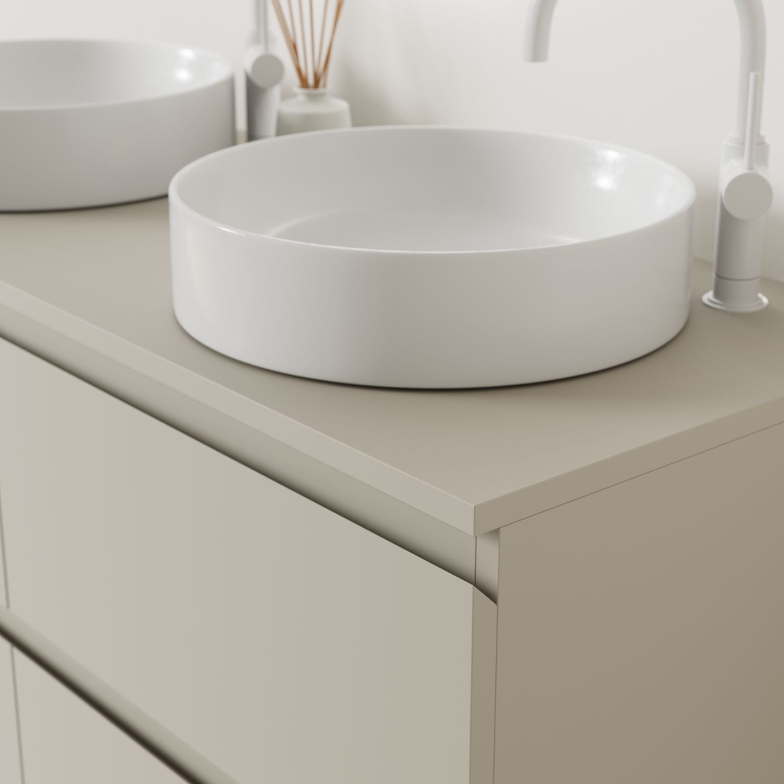 meuble salle de bain marco greige 120 cm poignées intégrées avec double vasque à poser vue angle