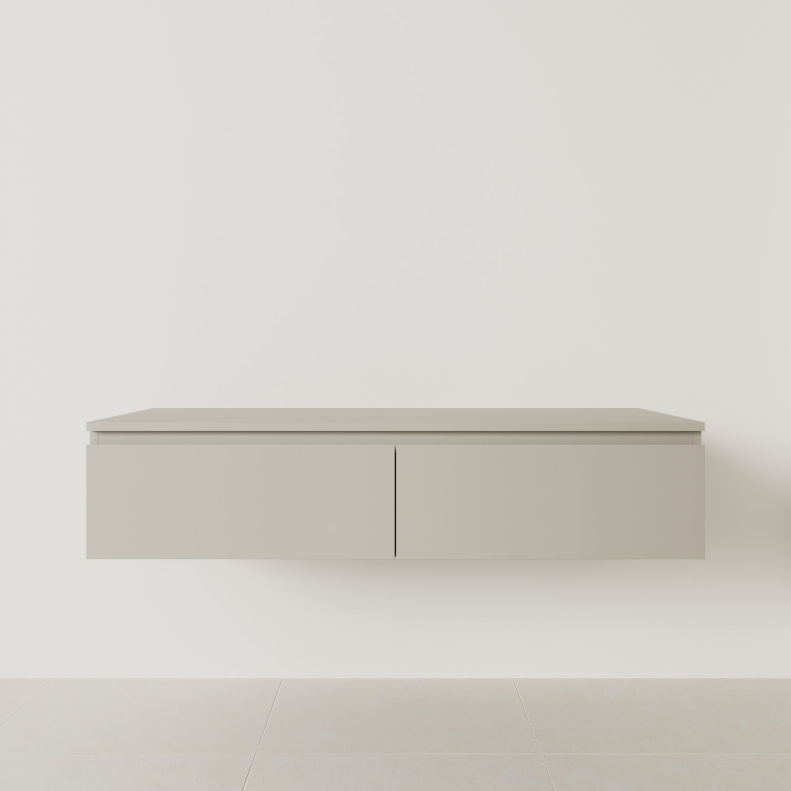 meuble salle de bain mino 140 cm double vasque suspendu greige poignées intégrées vue face.