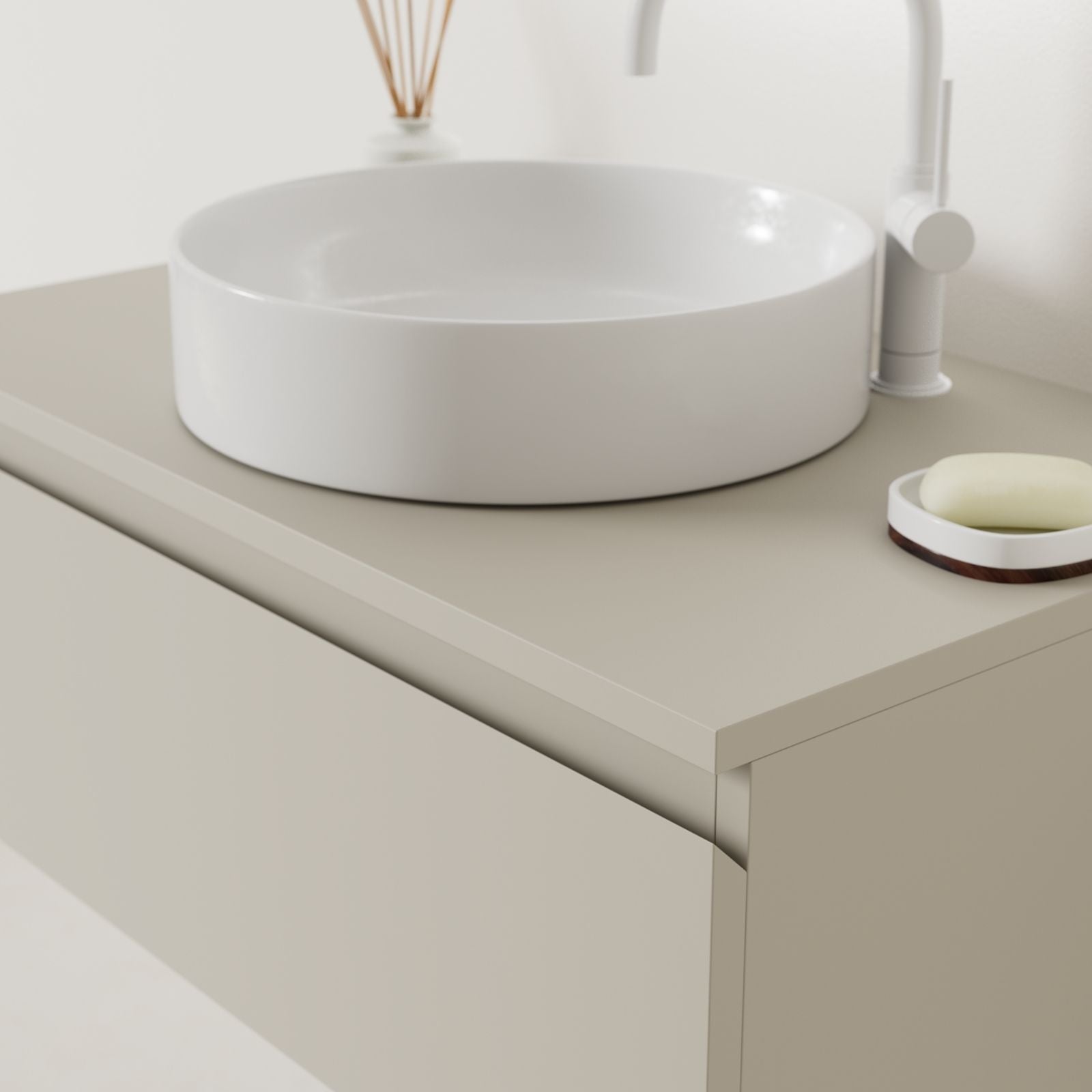 meuble salle de bain mino 80 cm greige poignées intégrées avec vasque posé vue angle