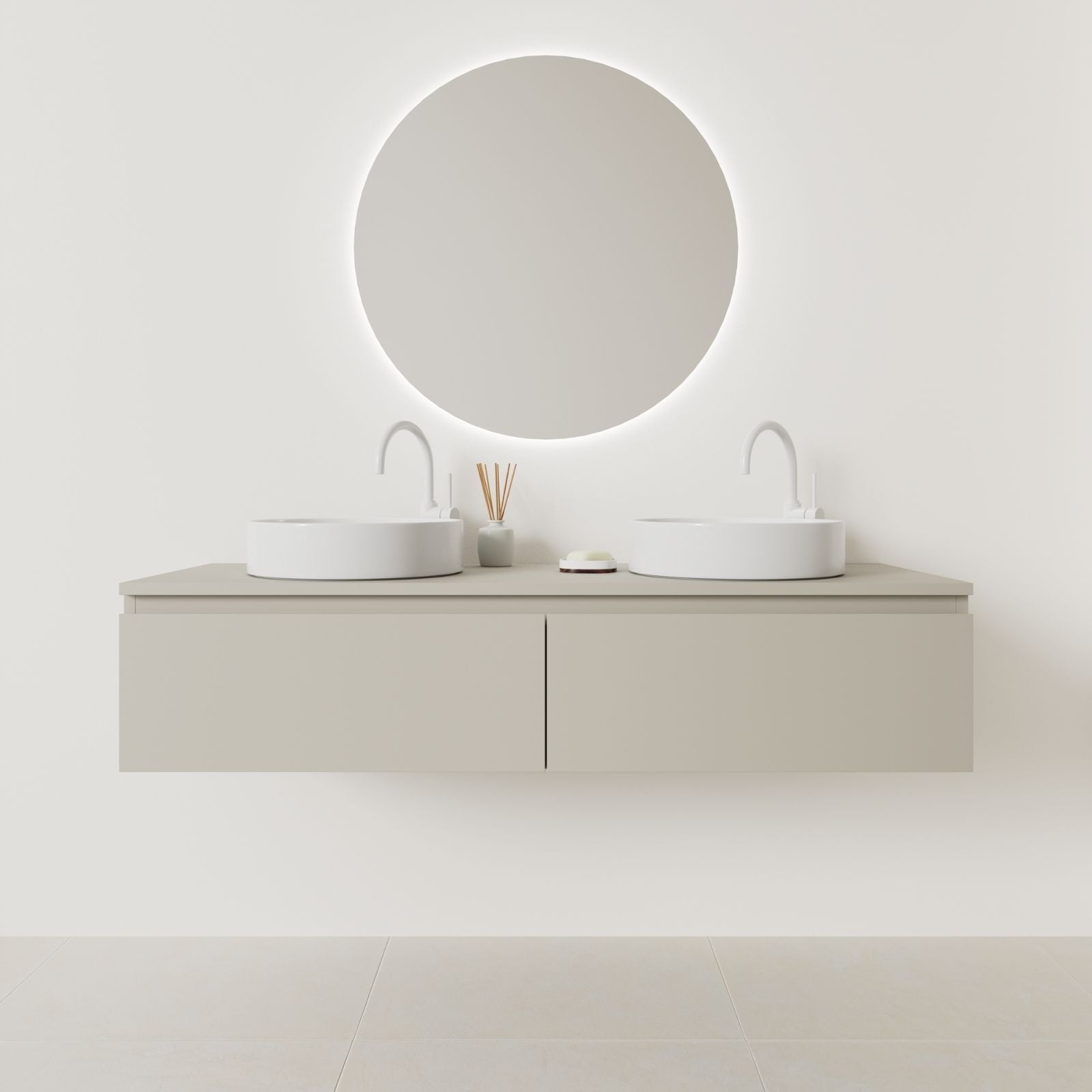 meuble salle de bain mino 140 cm double vasque suspendu greige prise de main vue face