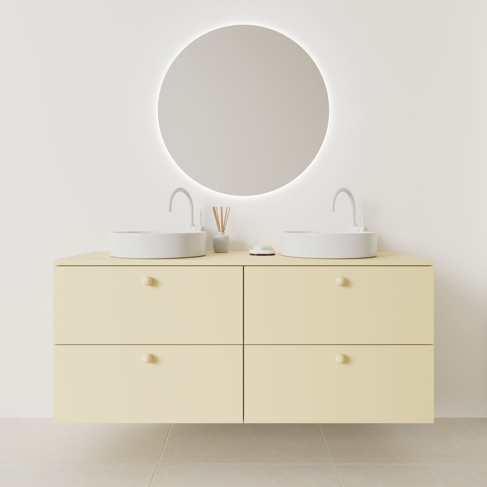 meuble salle de bain marco 140 cm double vasque suspendu jaune façade lisse vue face