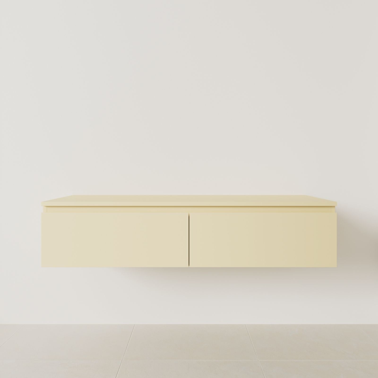 meuble salle de bain mino 140 cm double vasque suspendu jaune poignées intégrées vue face.