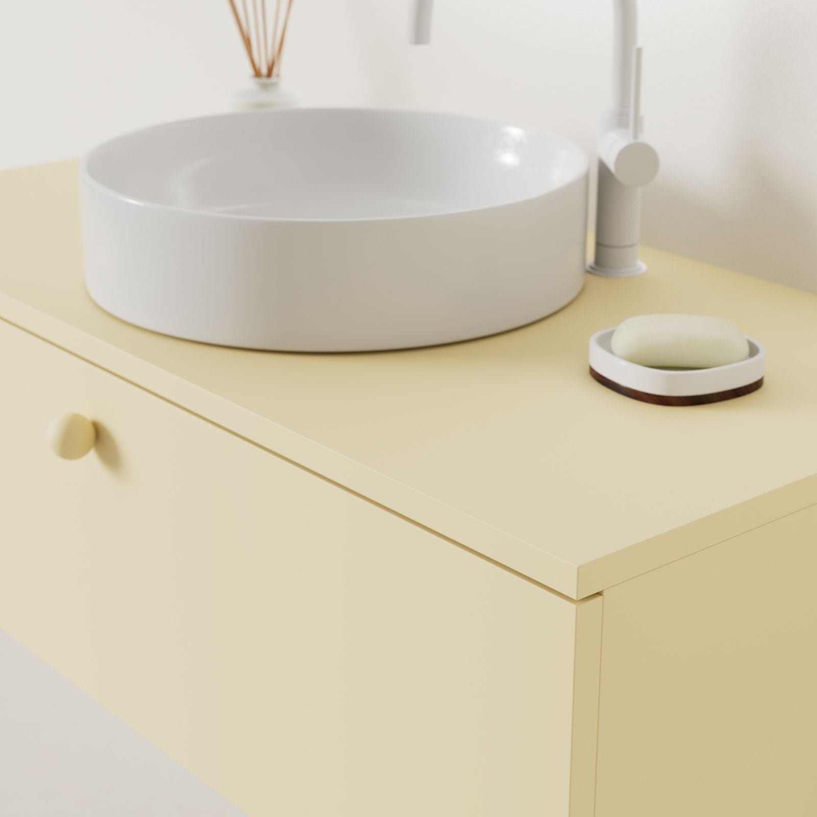 meuble salle de bain mino 100 cm jaune avec vasque posé vue angle