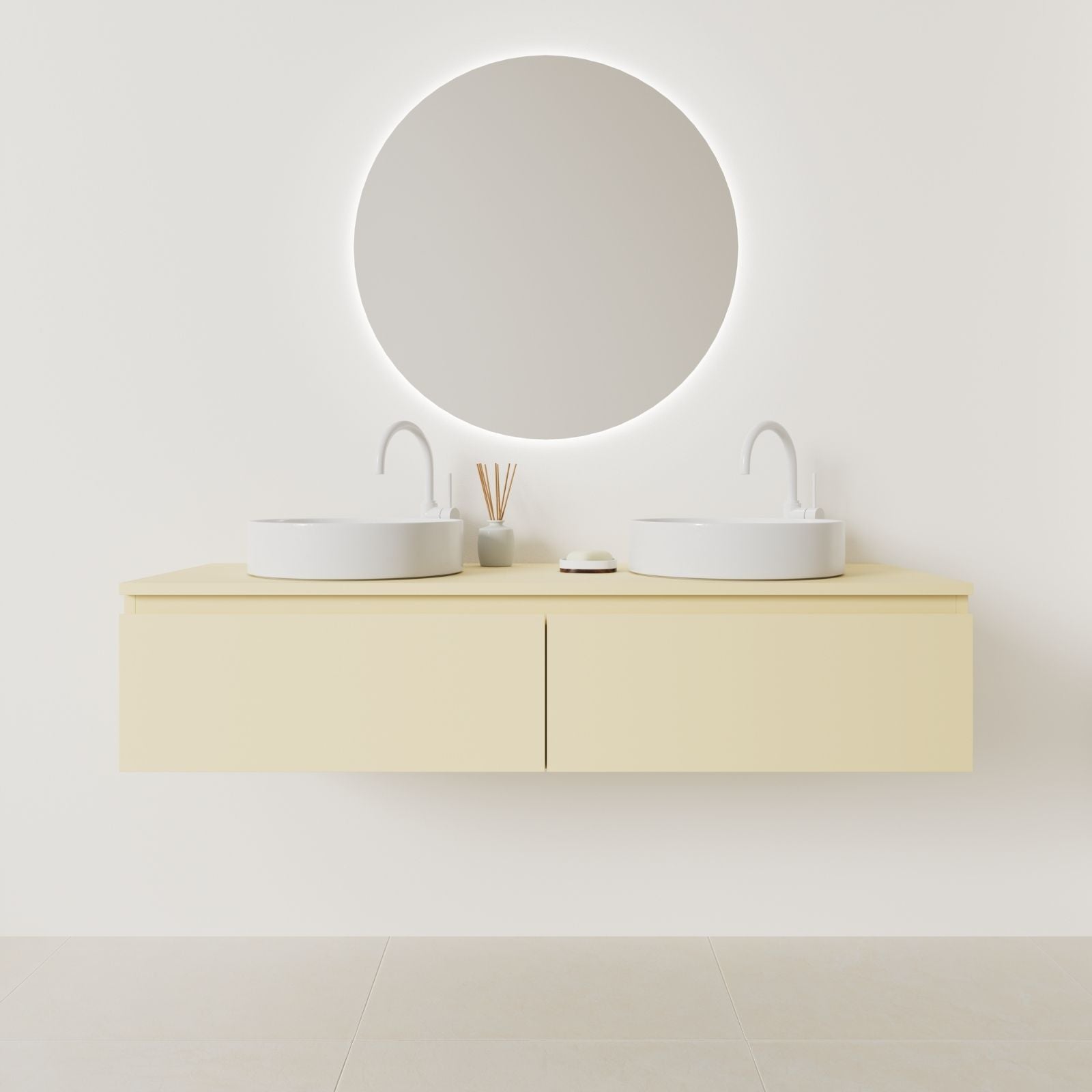 meuble salle de bain mino 140 cm double vasque suspendu jaune prise de main vue face
