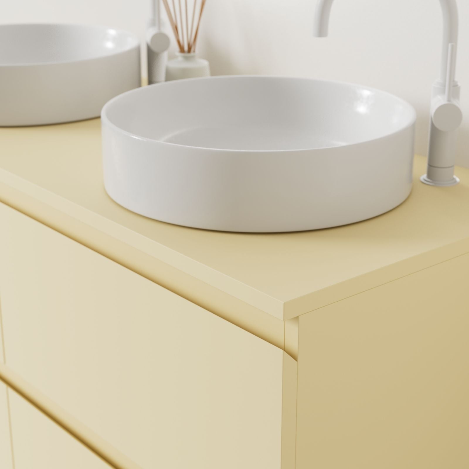 meuble salle de bain marco jaune 120 cm poignées intégrées avec double vasque à poser vue angle
