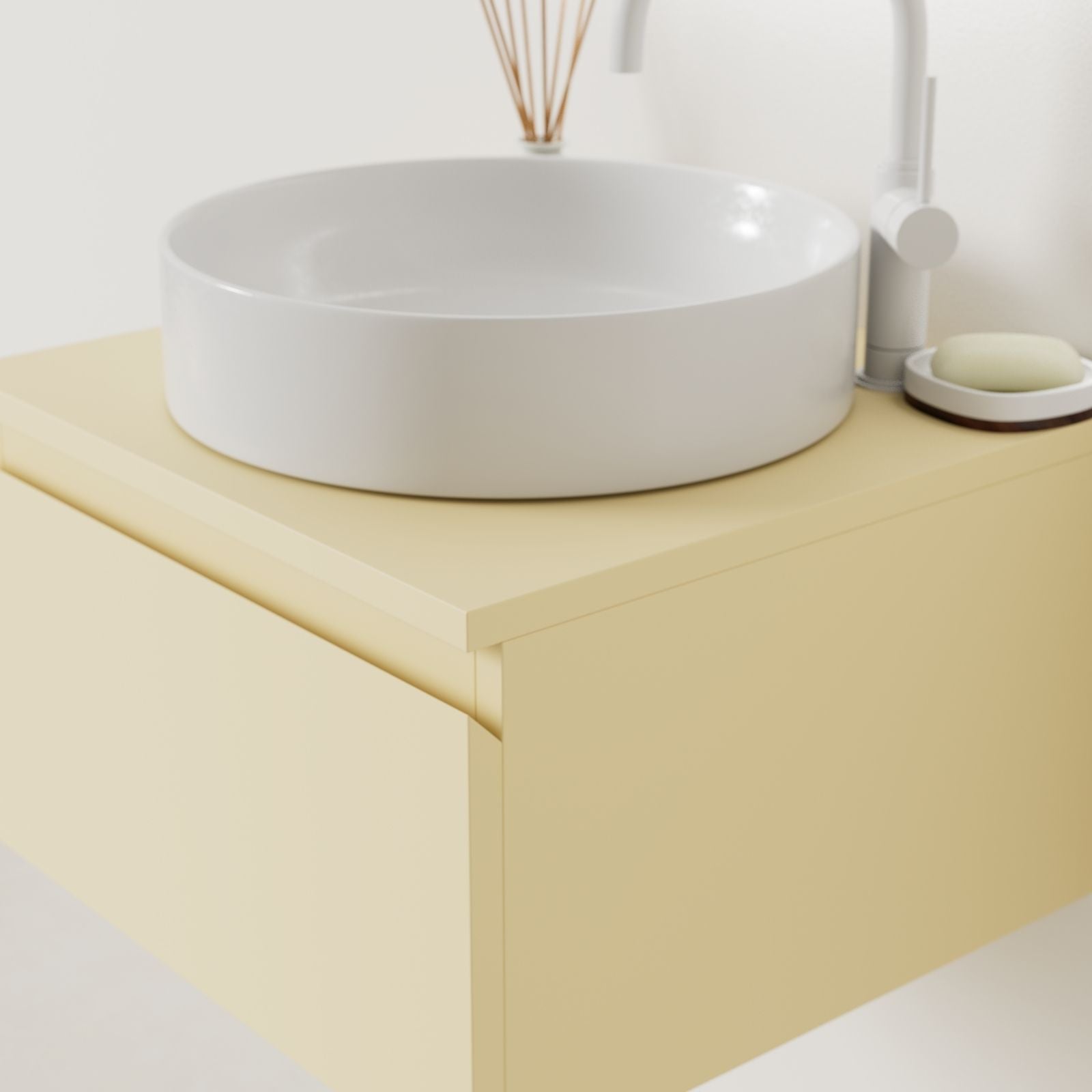 meuble salle de bain mino 50 cm jaune poignées intégrées avec vasque posé vue angle