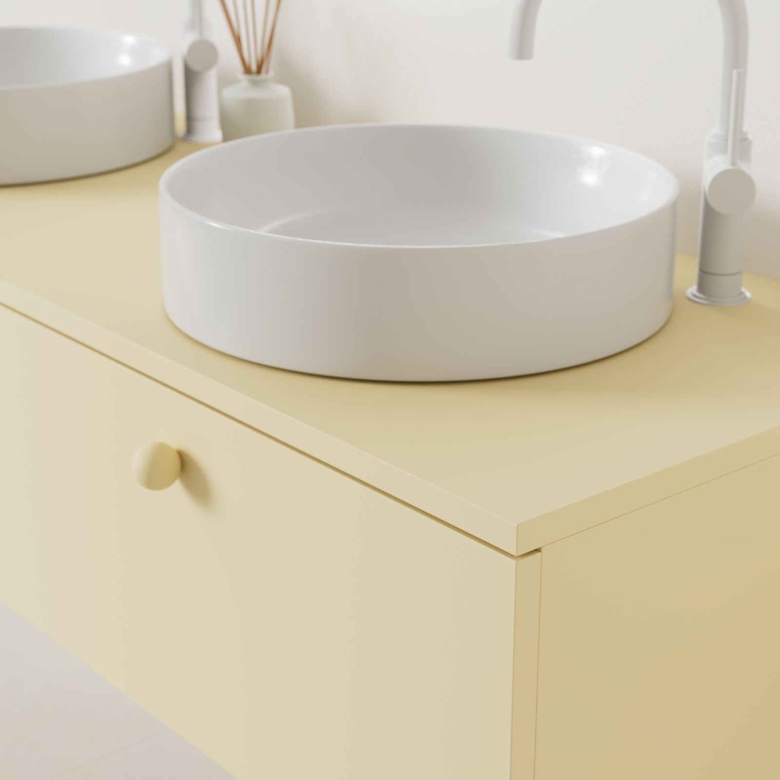 meuble salle de bain mino 140 cm jaune double vasque à poser vue angle