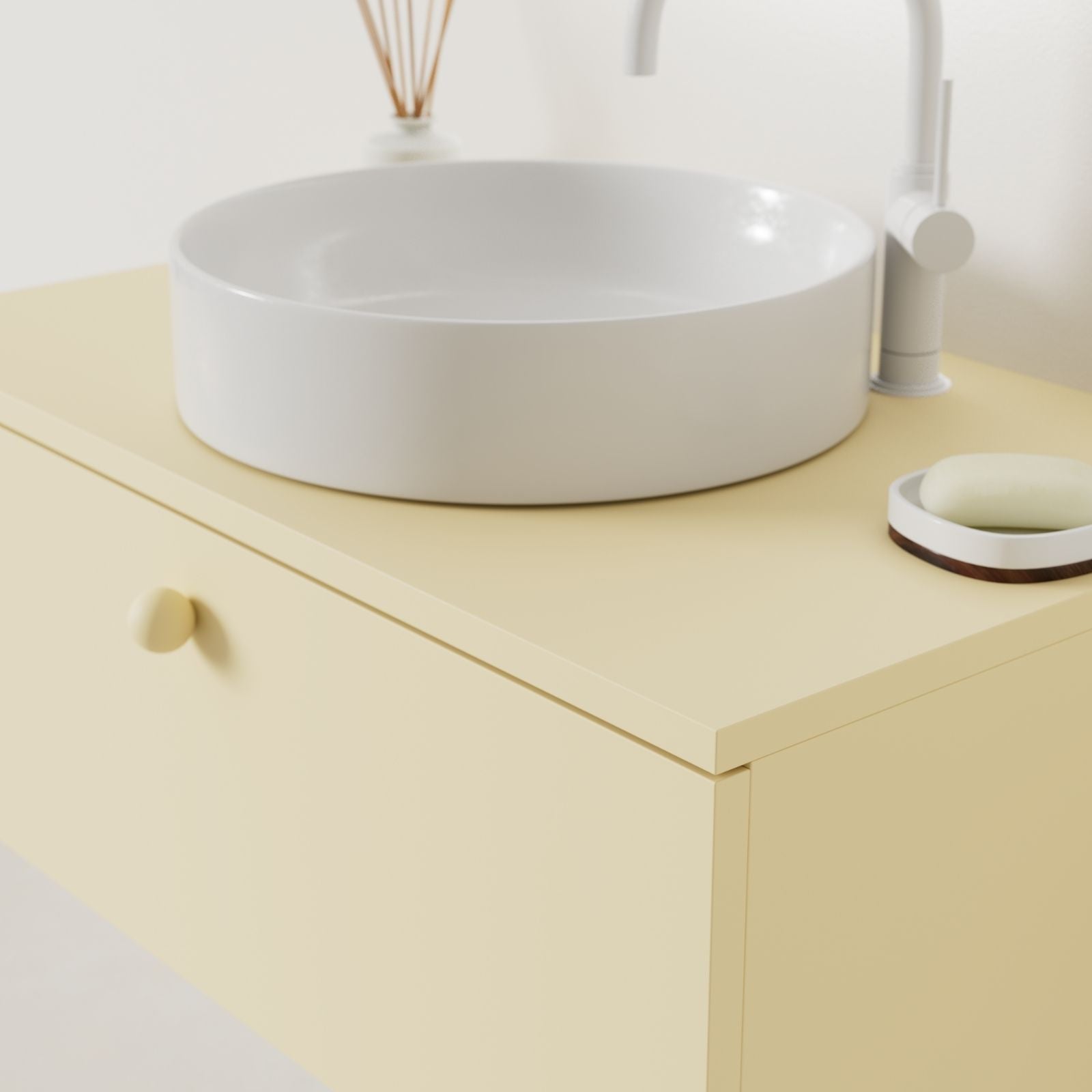 meuble salle de bain mino 80 cm jaune avec vasque posé vue angle