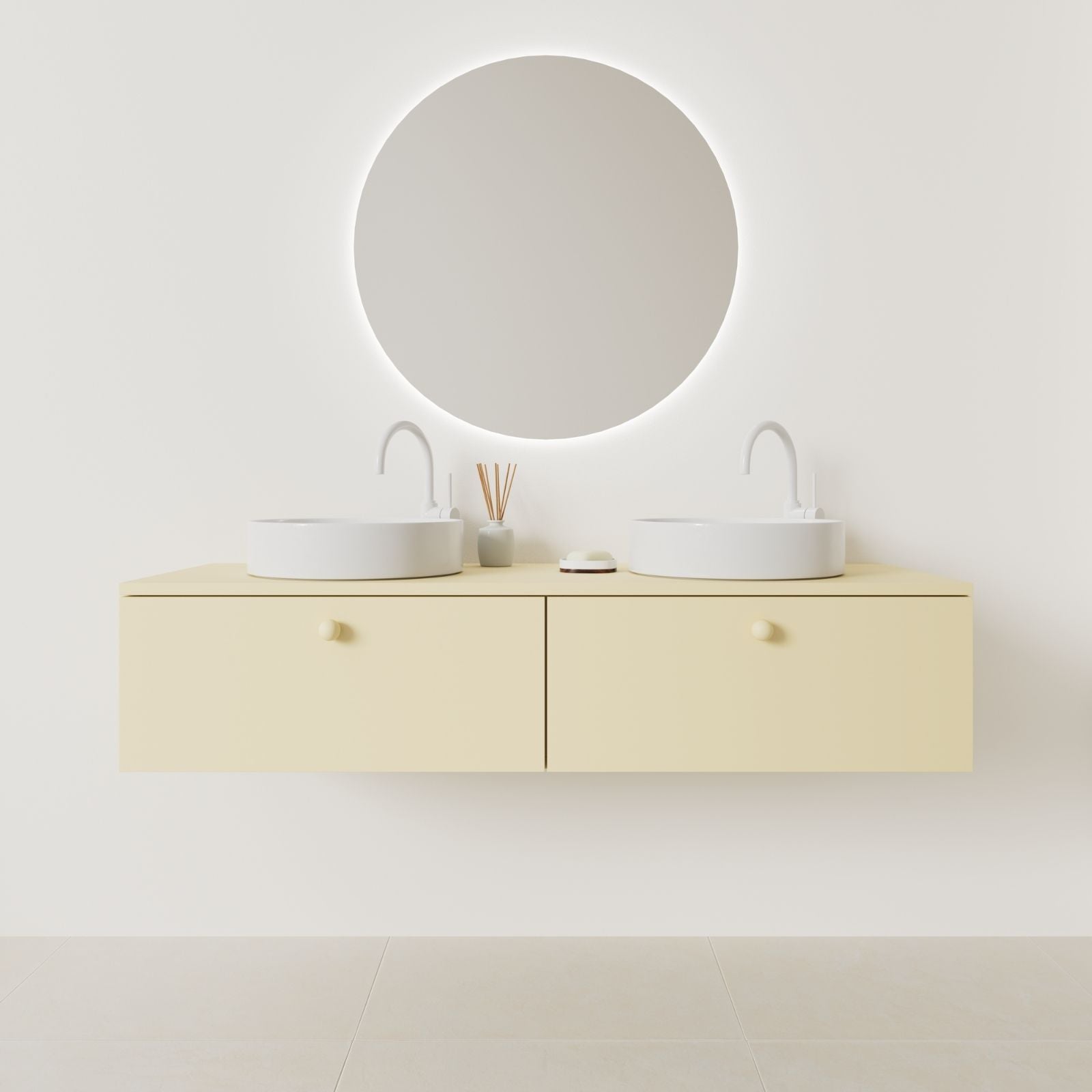 meuble salle de bain mino 140 cm double vasque suspendu jaune façade lisse vue face