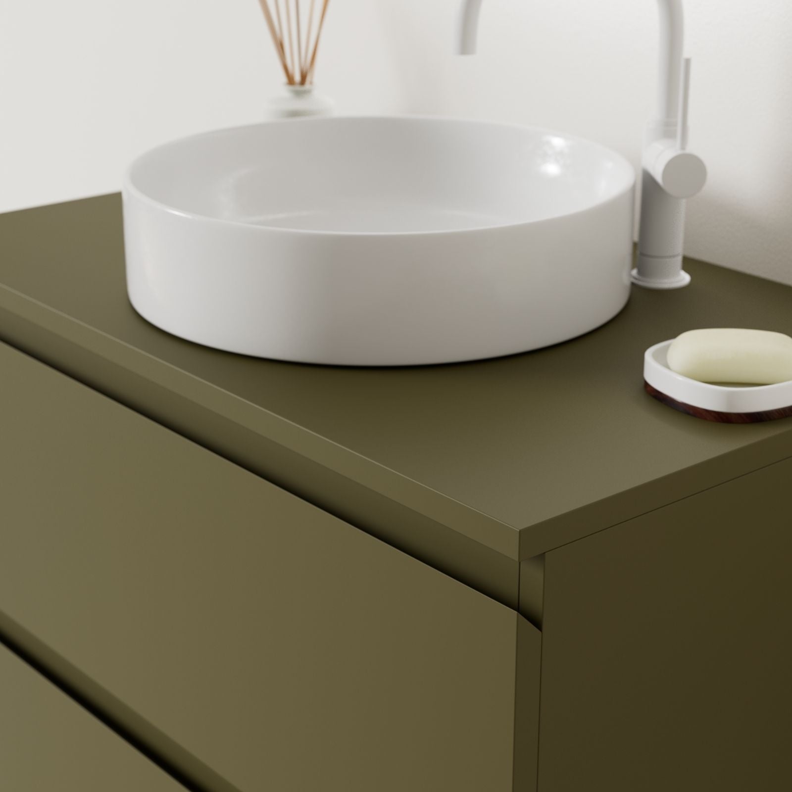 meuble salle de bain marco kaki 80 cm façade prise de main vue angle
