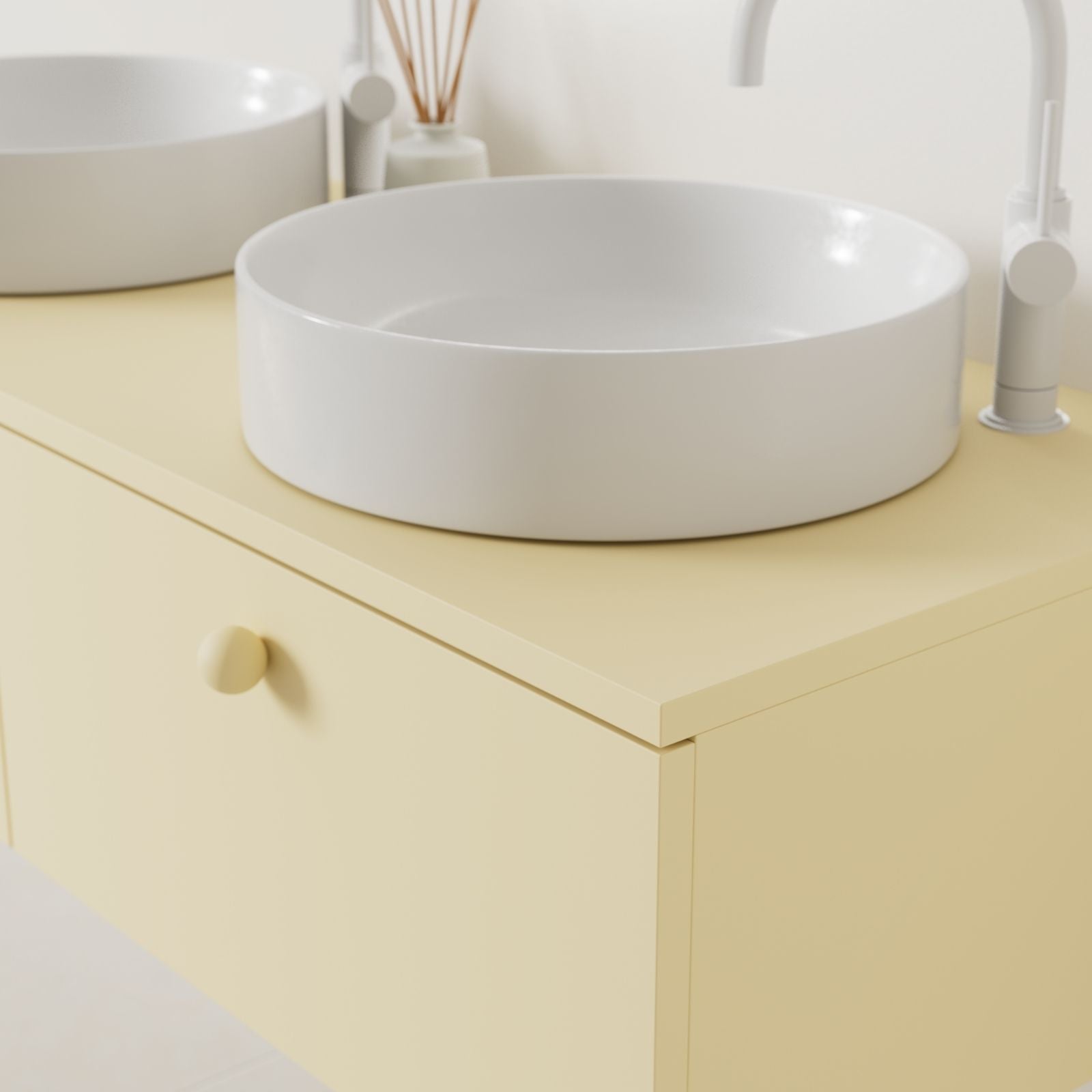 meuble salle de bain mino 120 cm jaune double vasque à poser vue angle