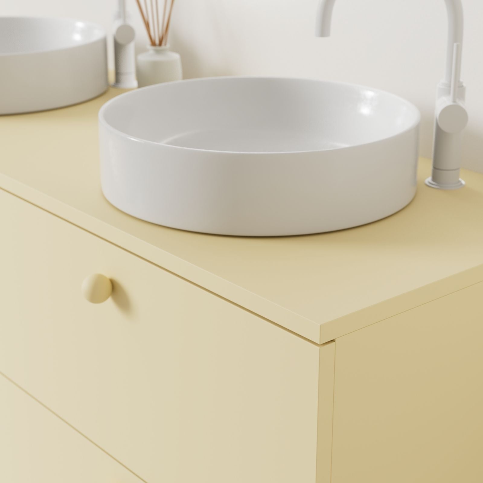 meuble salle de bain marco 140 cm jaune double vasque à poser vue angle