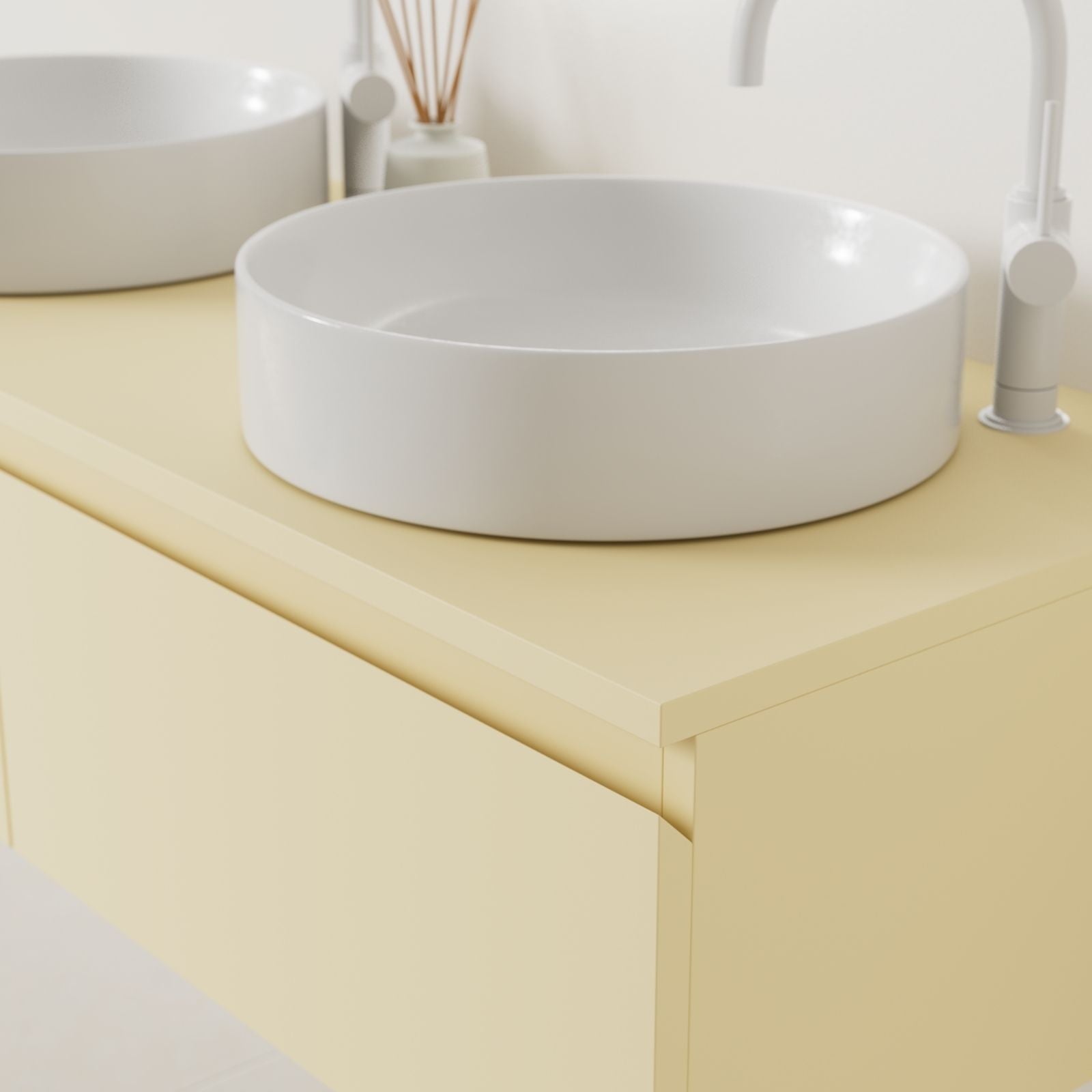 meuble salle de bain mino 120 cm jaune poignées intégrées avec double vasque à poser vue angle