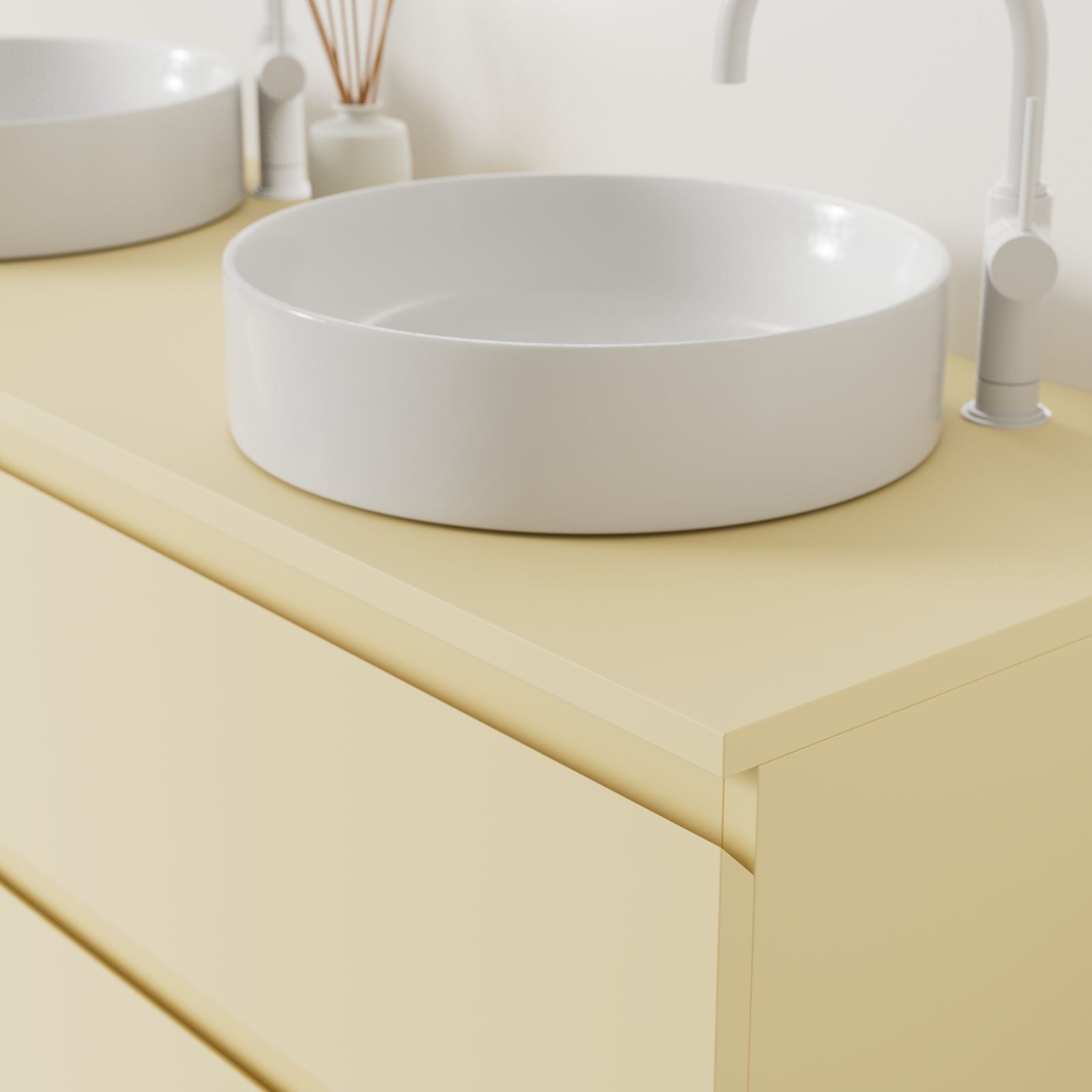 meuble salle de bain marco jaune 140 cm poignées intégrées avec double vasque à poser vue angle