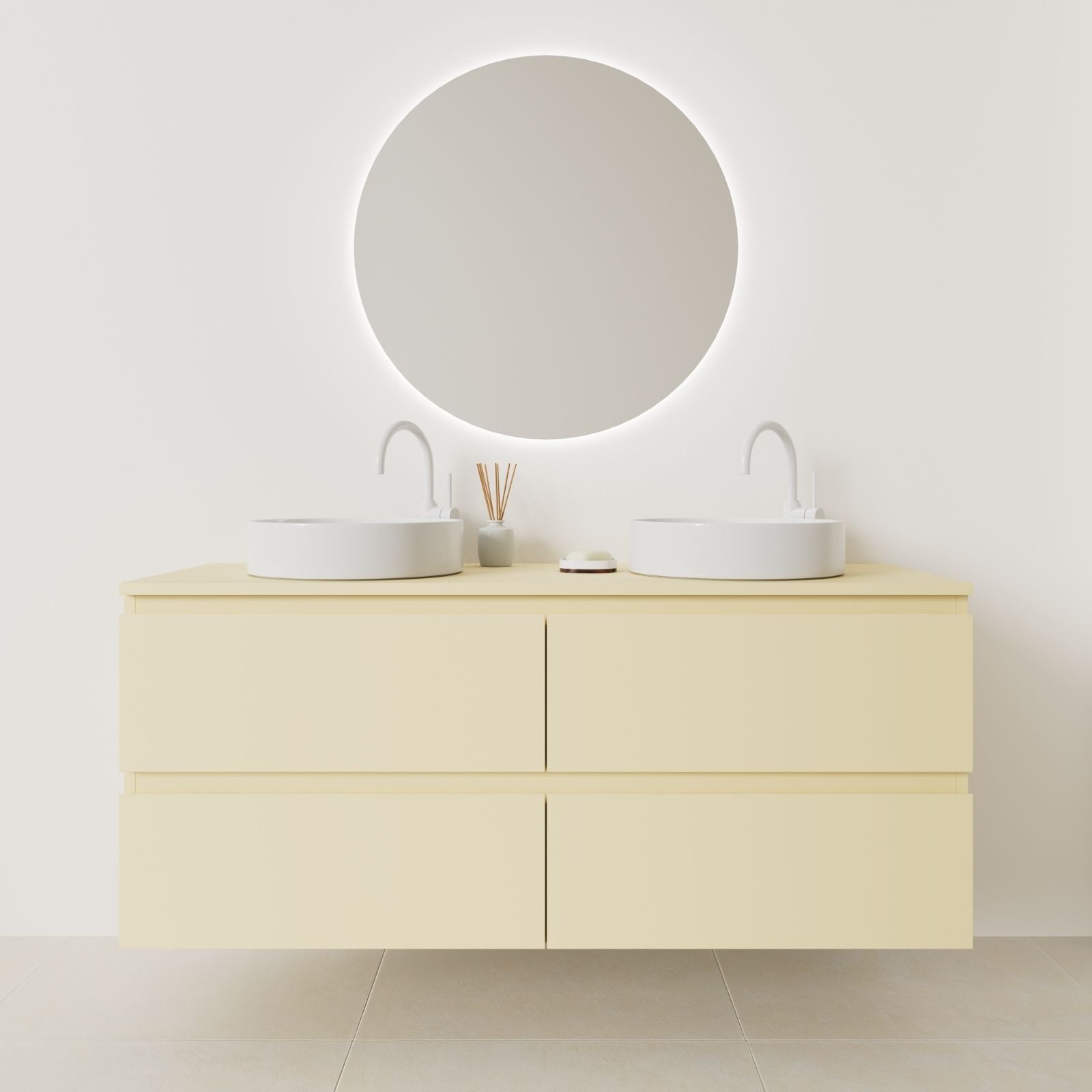 meuble salle de bain marco 140 cm double vasque suspendu jaune prise de main vue face