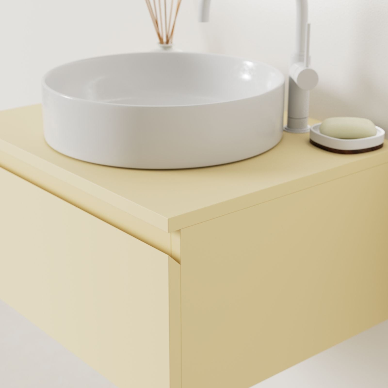 meuble salle de bain mino 60 cm jaune poignées intégrées avec vasque posé vue angle