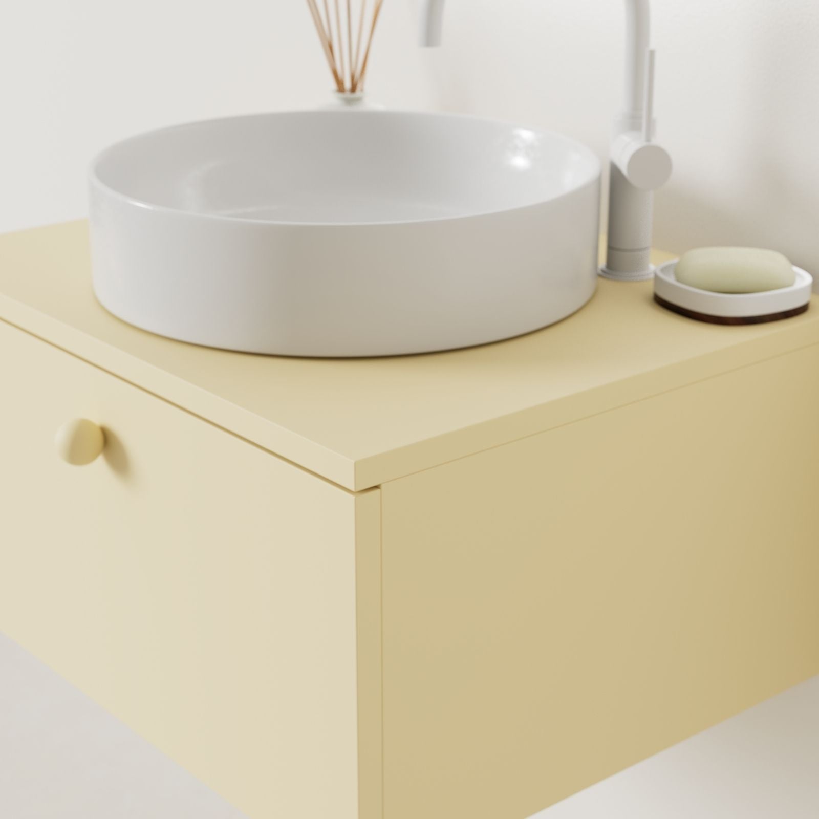 meuble salle de bain mino 60 cm jaune avec vasque posé vue angle