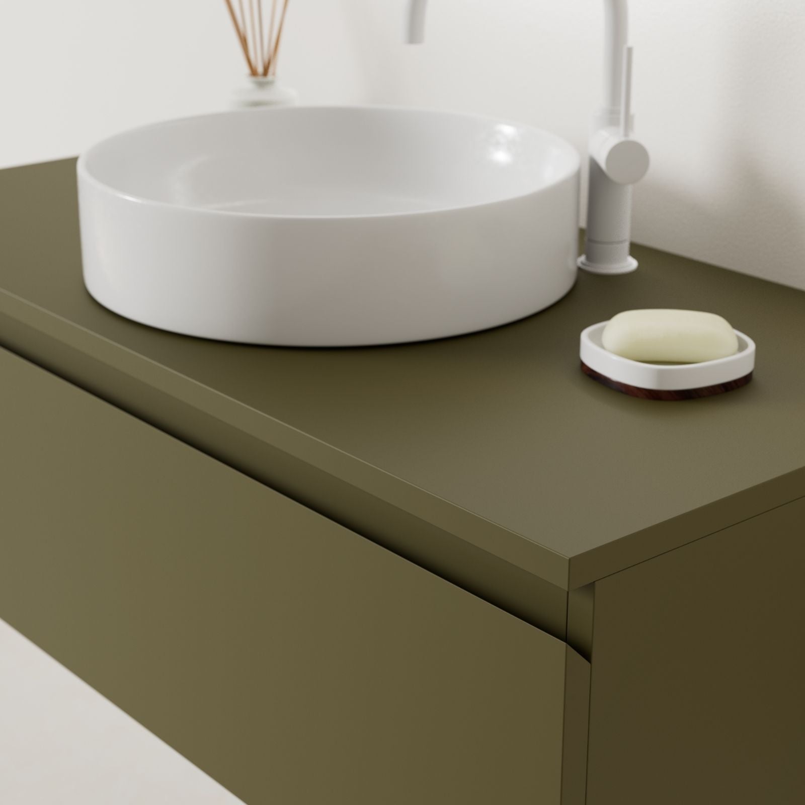 meuble salle de bain mino 100 cm kaki poignées intégrées avec vasque posé vue angle