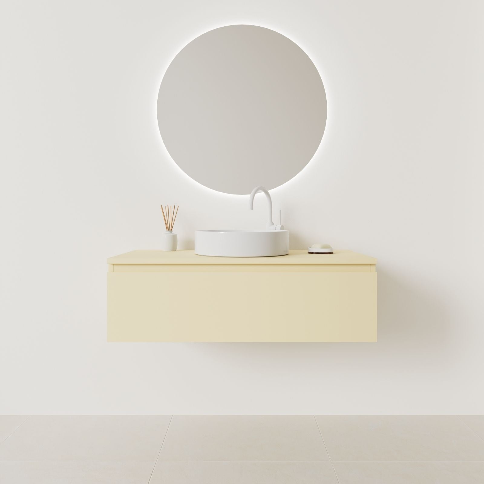 meuble salle de bain mino 100 cm jaune suspendu  prise de main vue face