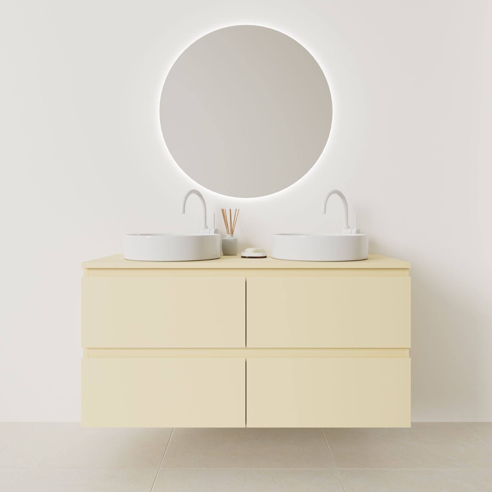 meuble salle de bain marco 120 cm double vasque suspendu jaune prise de main vue face