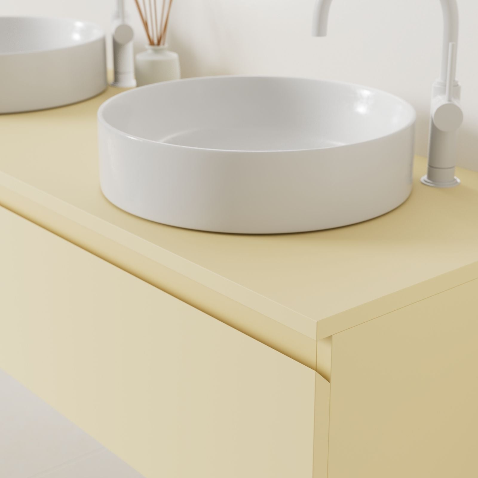 meuble salle de bain mino 140 cm jaune poignées intégrées avec double vasque à poser vue angle