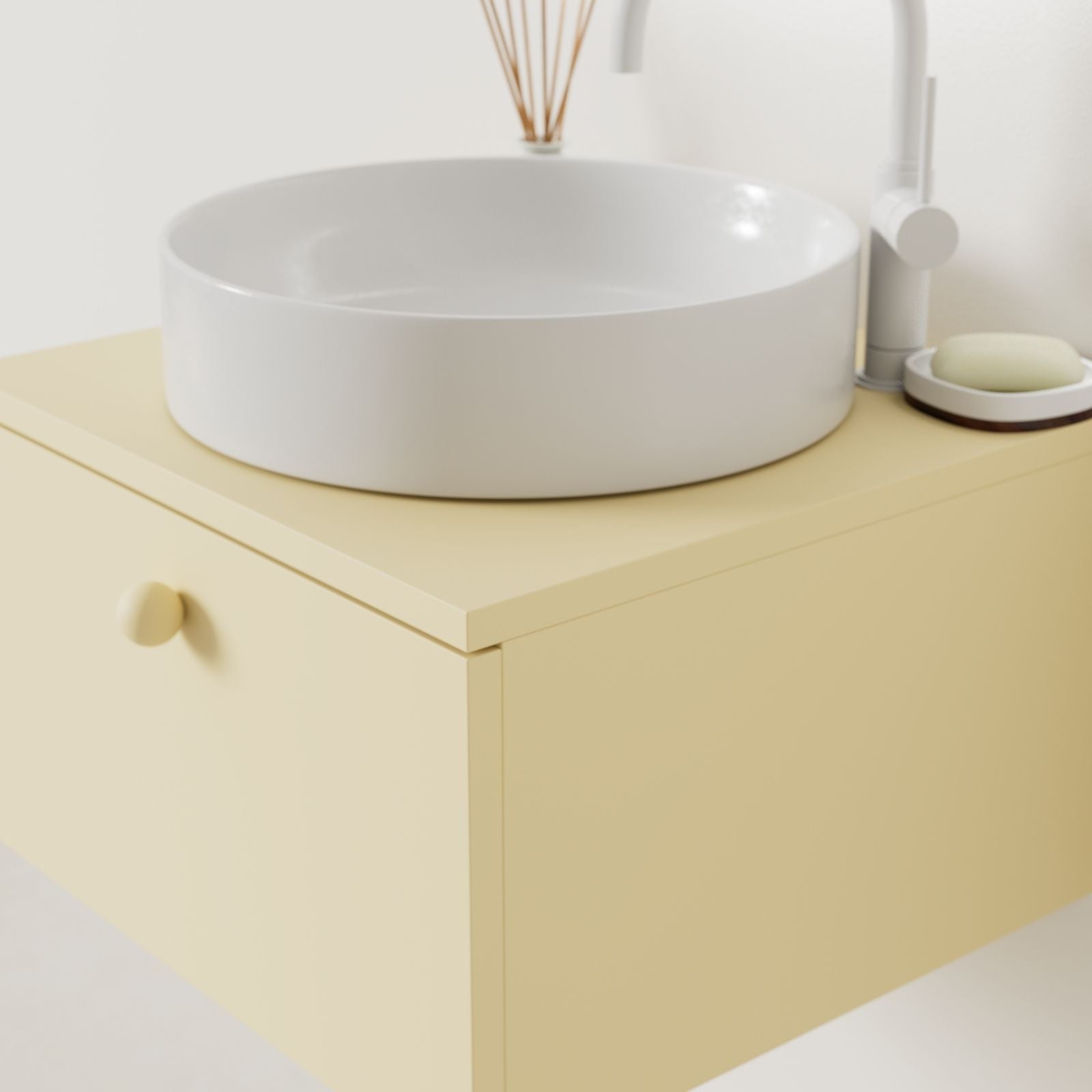 meuble salle de bain mino 50 cm jaune avec vasque posé vue angle