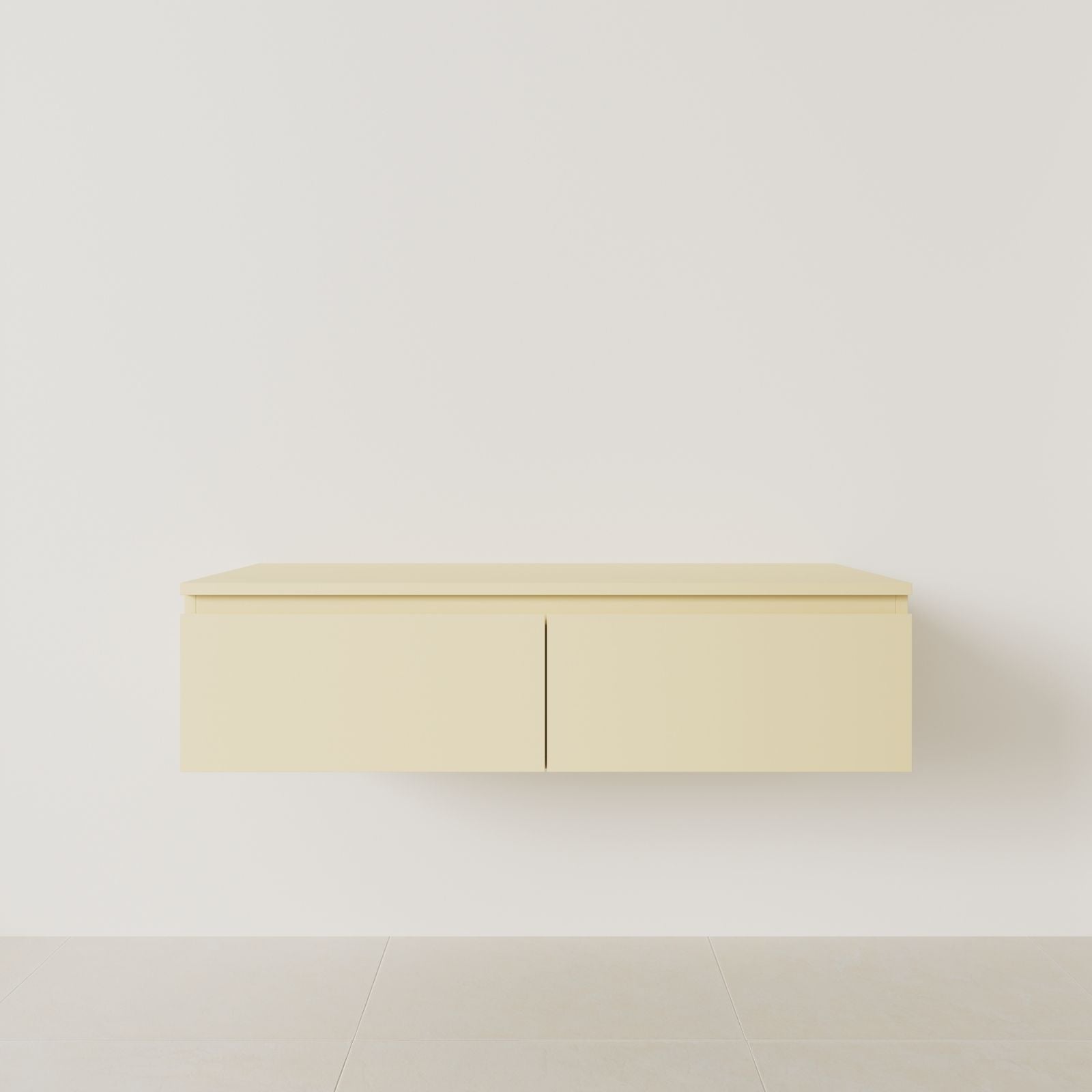 meuble salle de bain mino 120 cm double vasque suspendu jaune poignées intégrées vue face.