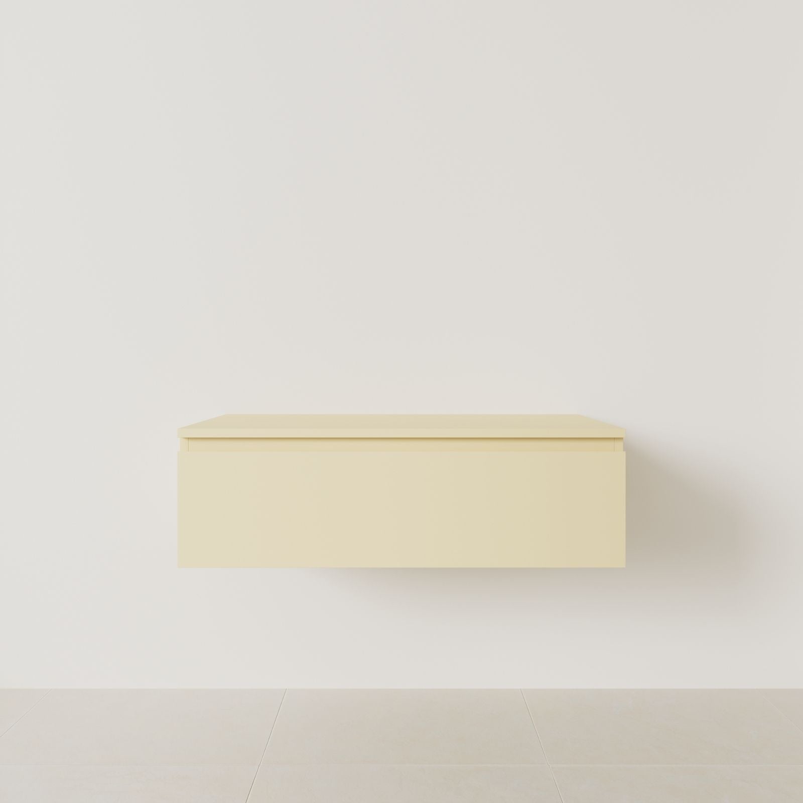 meuble salle de bain mino 100 cm jaune meuble seul suspendu poignées intégrées vue face.