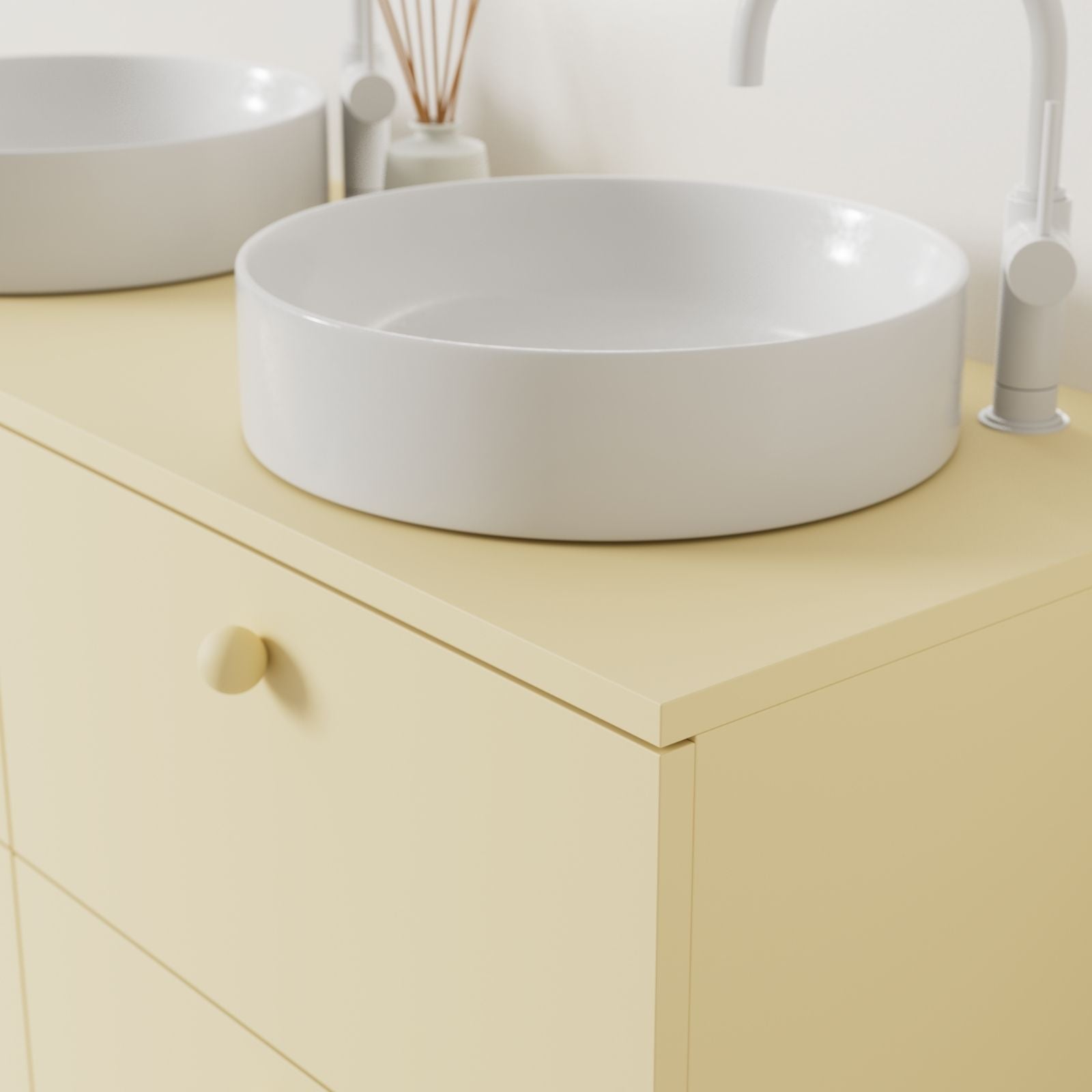 meuble salle de bain marco 120 cm jaune double vasque à poser vue angle