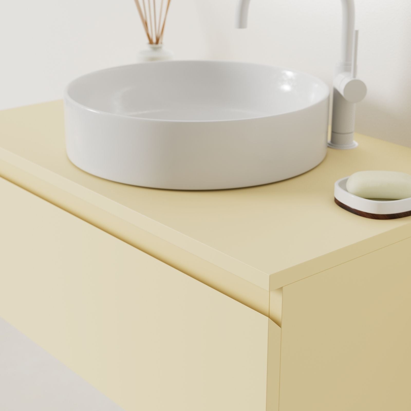 meuble salle de bain mino 80 cm jaune poignées intégrées avec vasque posé vue angle