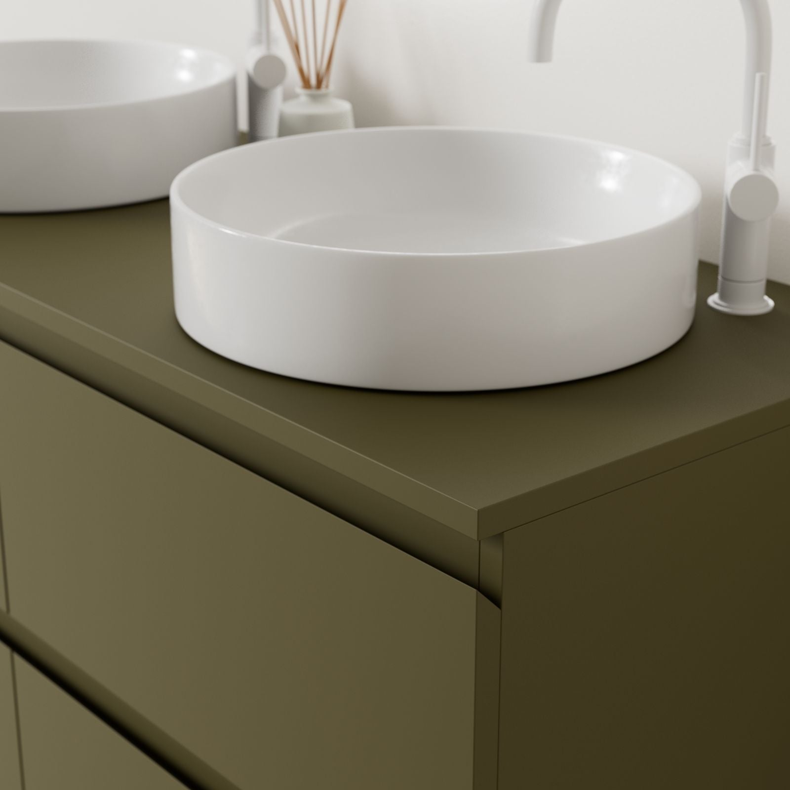 meuble salle de bain marco kaki 120 cm poignées intégrées avec double vasque à poser vue angle
