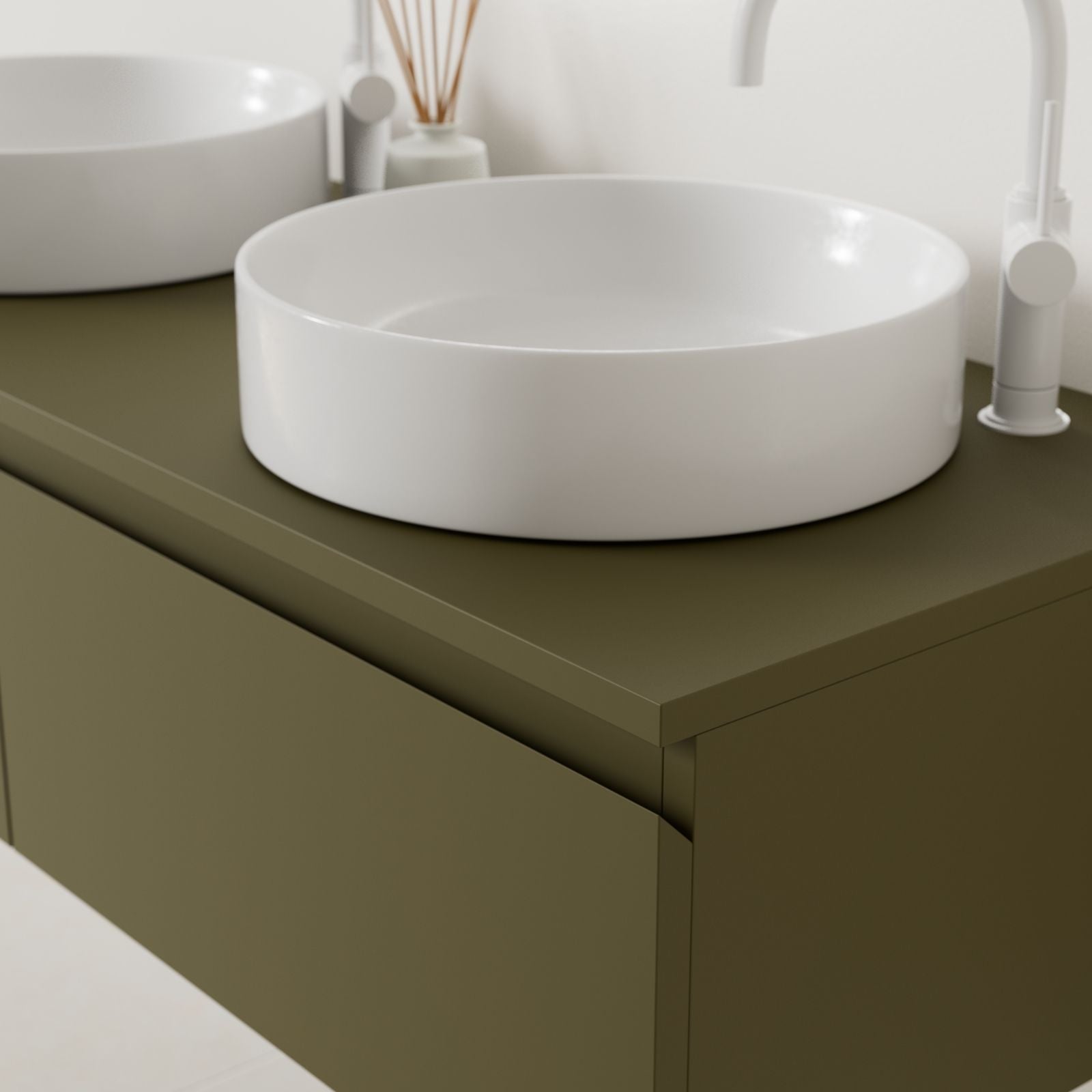 meuble salle de bain mino 120 cm kaki poignées intégrées avec double vasque à poser vue angle