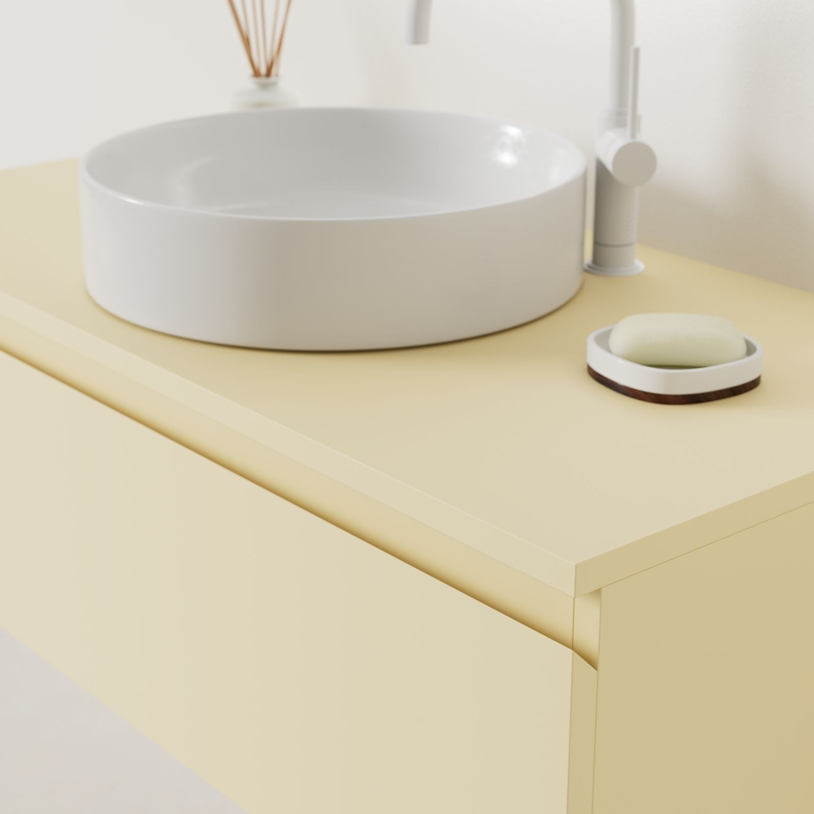 meuble salle de bain mino 100 cm jaune poignées intégrées avec vasque posé vue angle