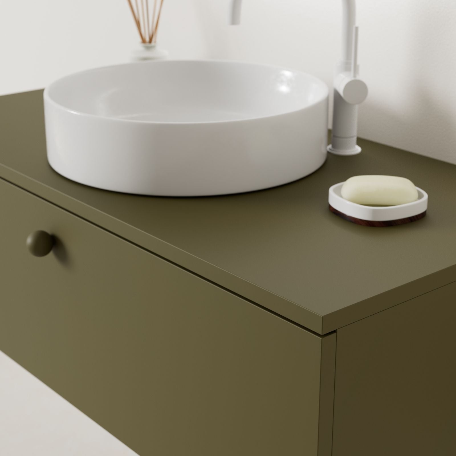 meuble salle de bain mino 100 cm kaki avec vasque posé vue angle